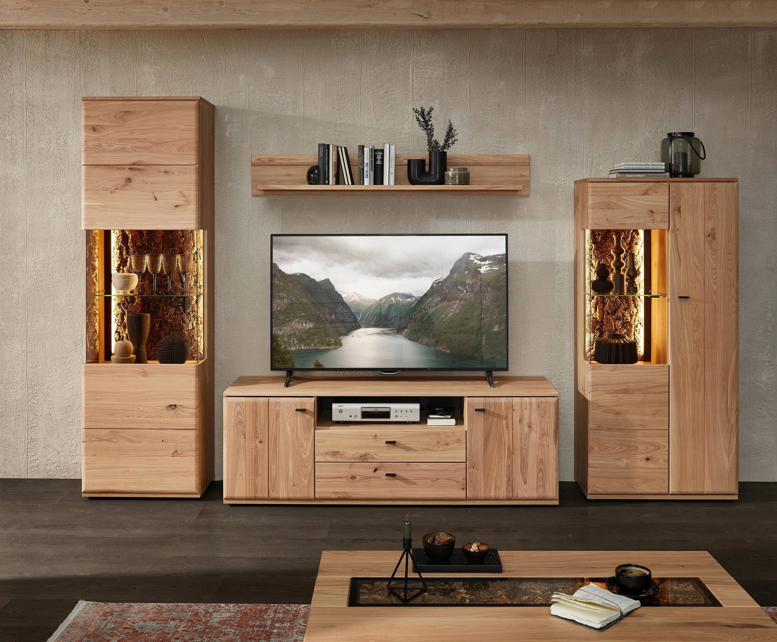WOHNWAND  in Braun, Eschefarben, Eiche Artisan  331/205/50 cm  - Eschefarben/Anthrazit, Natur, Glas/Holz (331/205/50cm) - Cantus