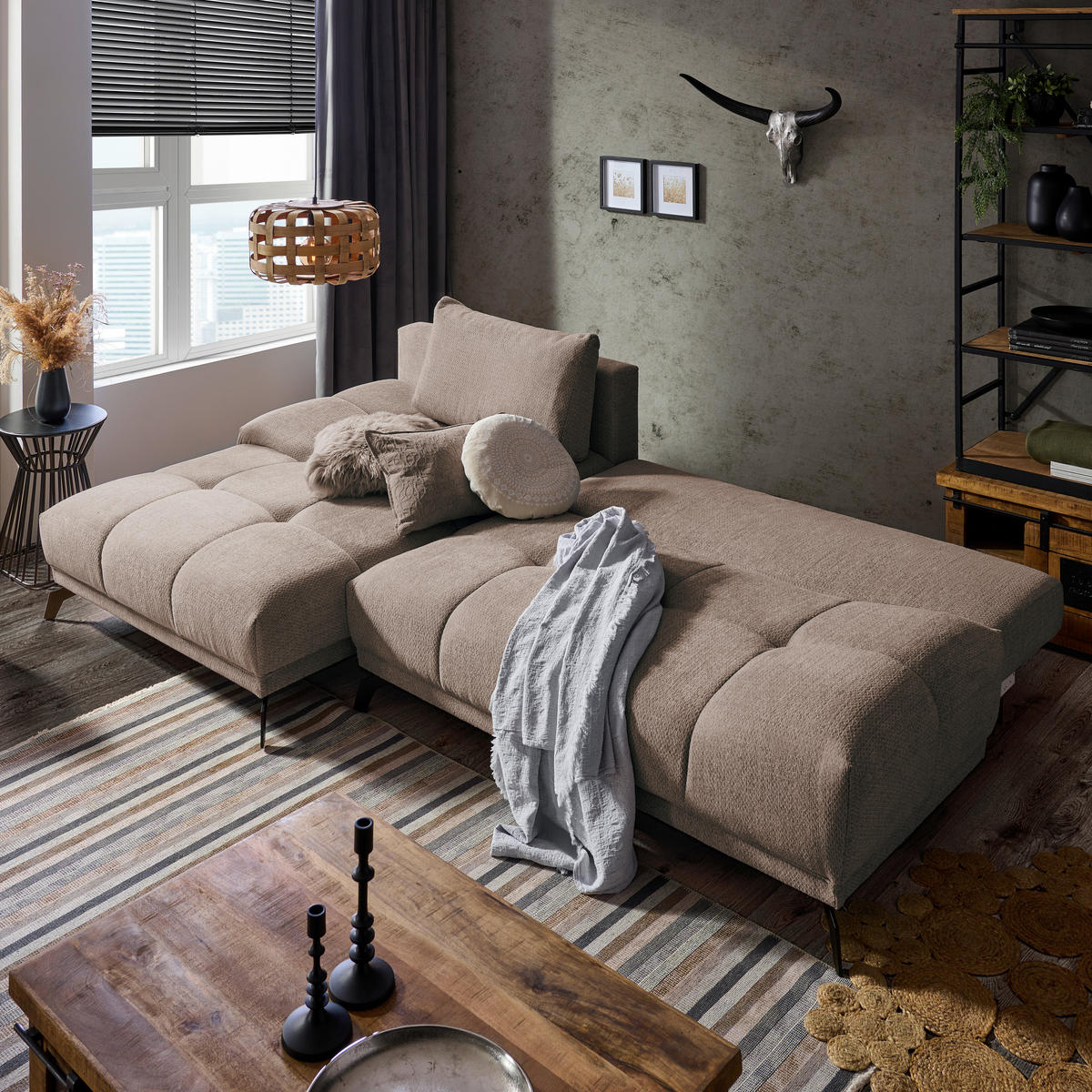 ECKSOFA in Chenille Hellbraun  - Hellbraun/Schwarz, Modern, Textil/Metall (182/290cm) - Hom`in