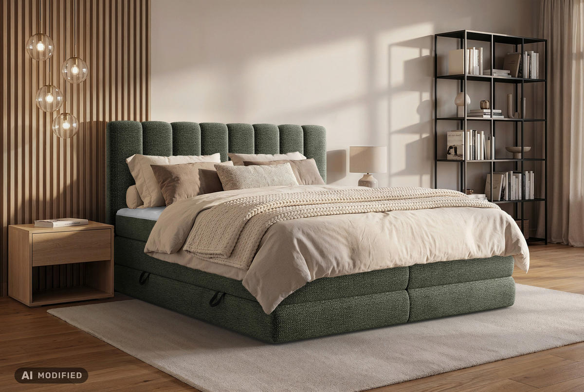 BOXSPRINGBETT 140/200 cm,  in Dunkelgrün, Bettkasten, Matratzen, H3 + H4 = fest + sehr fest  - Dunkelgrün/Schwarz, KONVENTIONELL, Kunststoff/Textil (140/200cm) - Carryhome