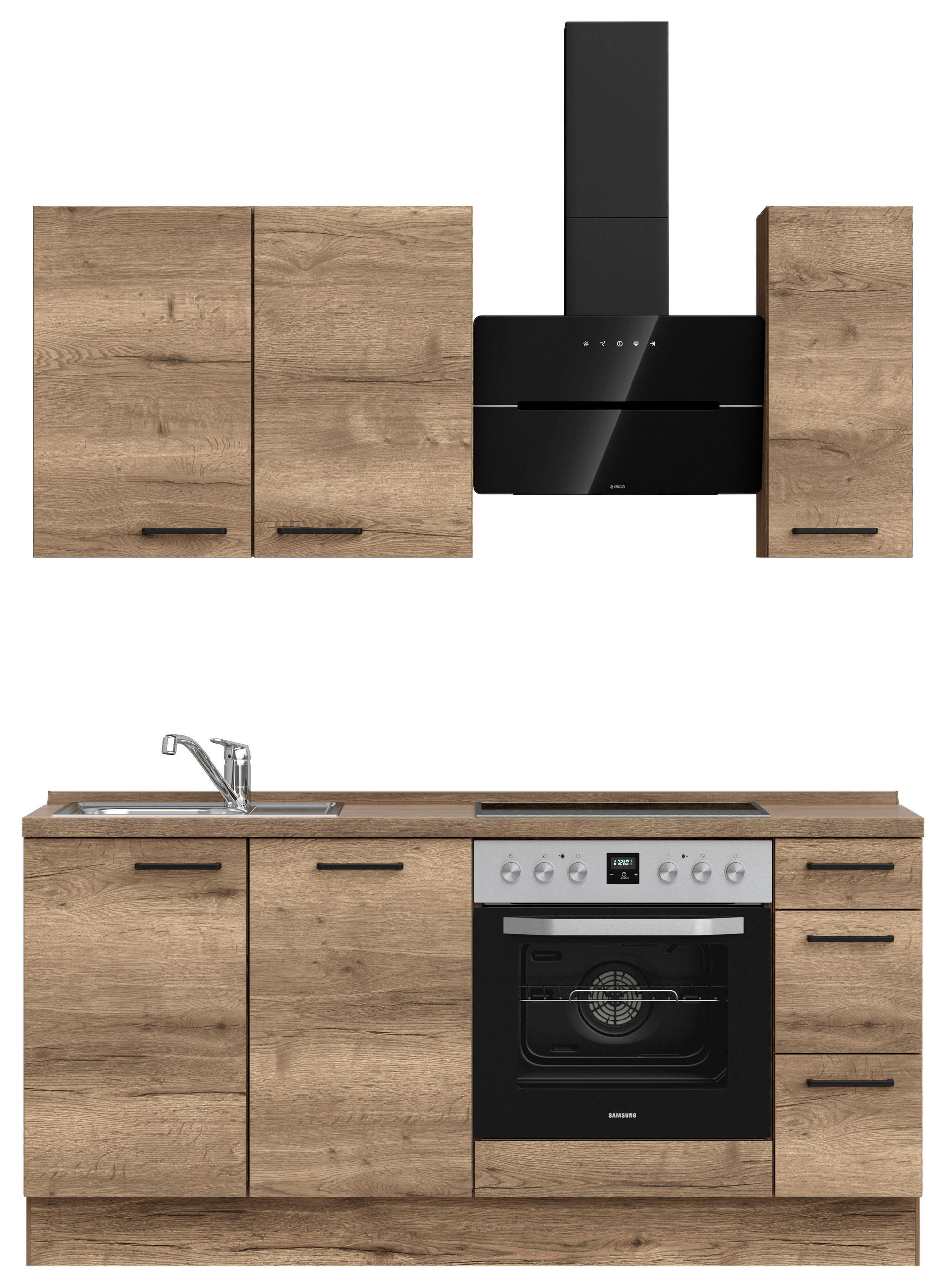 BUCĂTĂRIE FĂRĂ ELECTROCASNICE  - stejar închis la culoare/negru, Modern, metal/material pe bază de lemn (180cm) - Nobilia