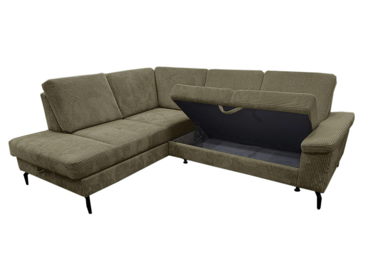 ECKSOFA Olivgrün Velours Bettkasten, Sitzvorzug  - Schwarz/Olivgrün, KONVENTIONELL, Textil/Metall (206/253cm) - Venda