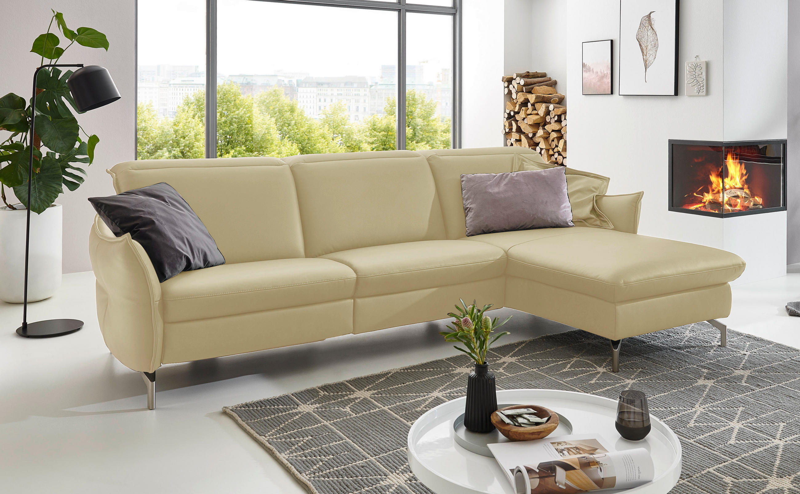 ECKSOFA in Echtleder Creme - Creme/Nickelfarben, Modern, Leder/Metall (263/179cm) - Livetastic