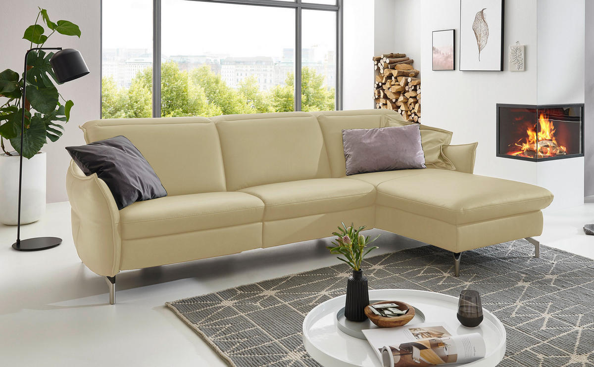 ECKSOFA in Echtleder Creme  - Creme/Nickelfarben, Modern, Leder/Metall (263/179cm) - Livetastic