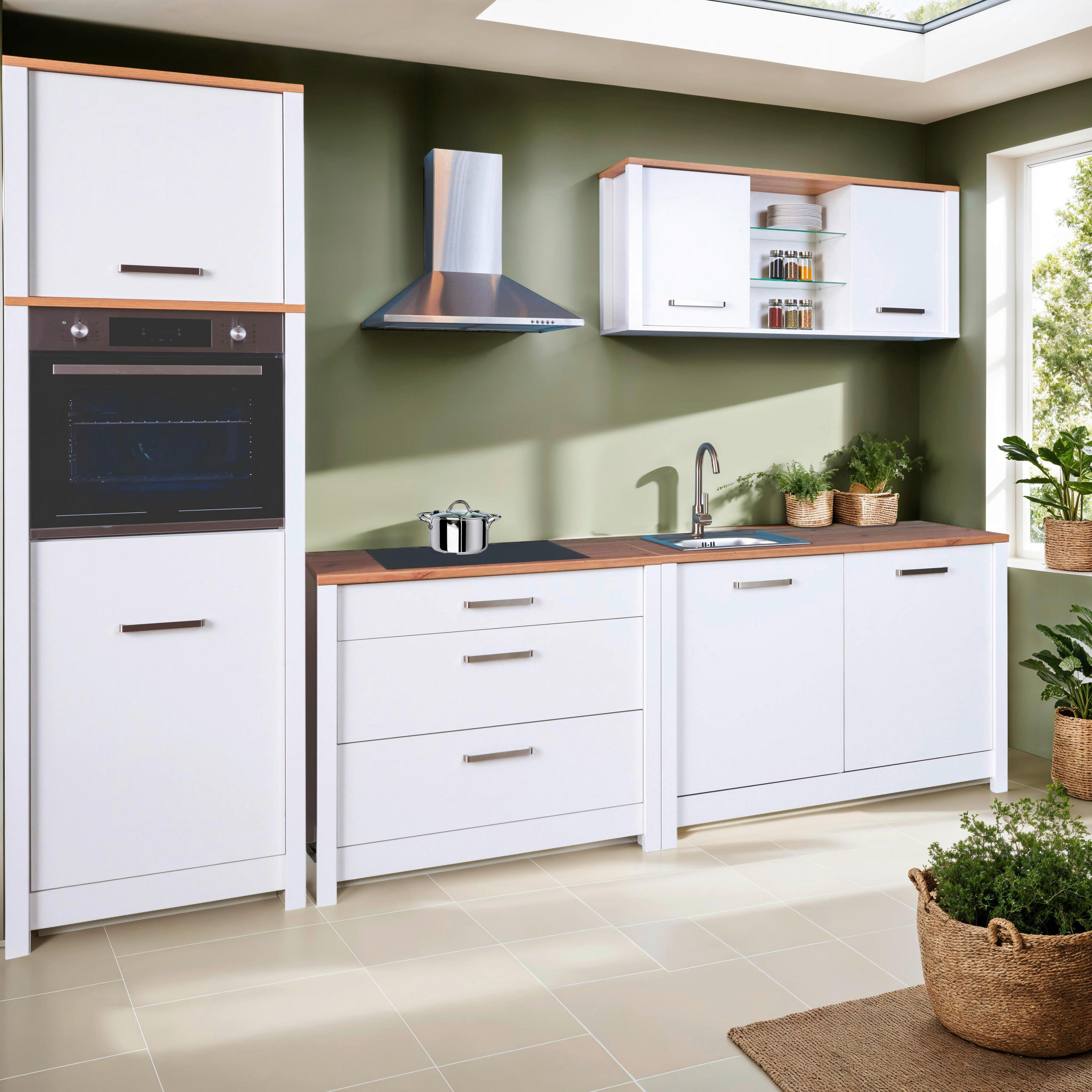 KÜCHENLEERBLOCK 300 cm   in Weiß, Eiche Artisan  - Silberfarben/Weiß, MODERN, Glas/Holzwerkstoff (300cm) - home24