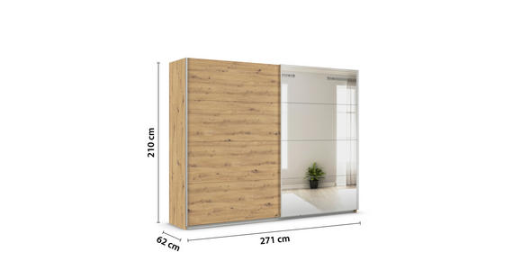 SCHWEBETÜRENSCHRANK  in Eiche Artisan  - Alufarben/Eiche Artisan, KONVENTIONELL, Glas/Holzwerkstoff (271/210/62cm) - Xora