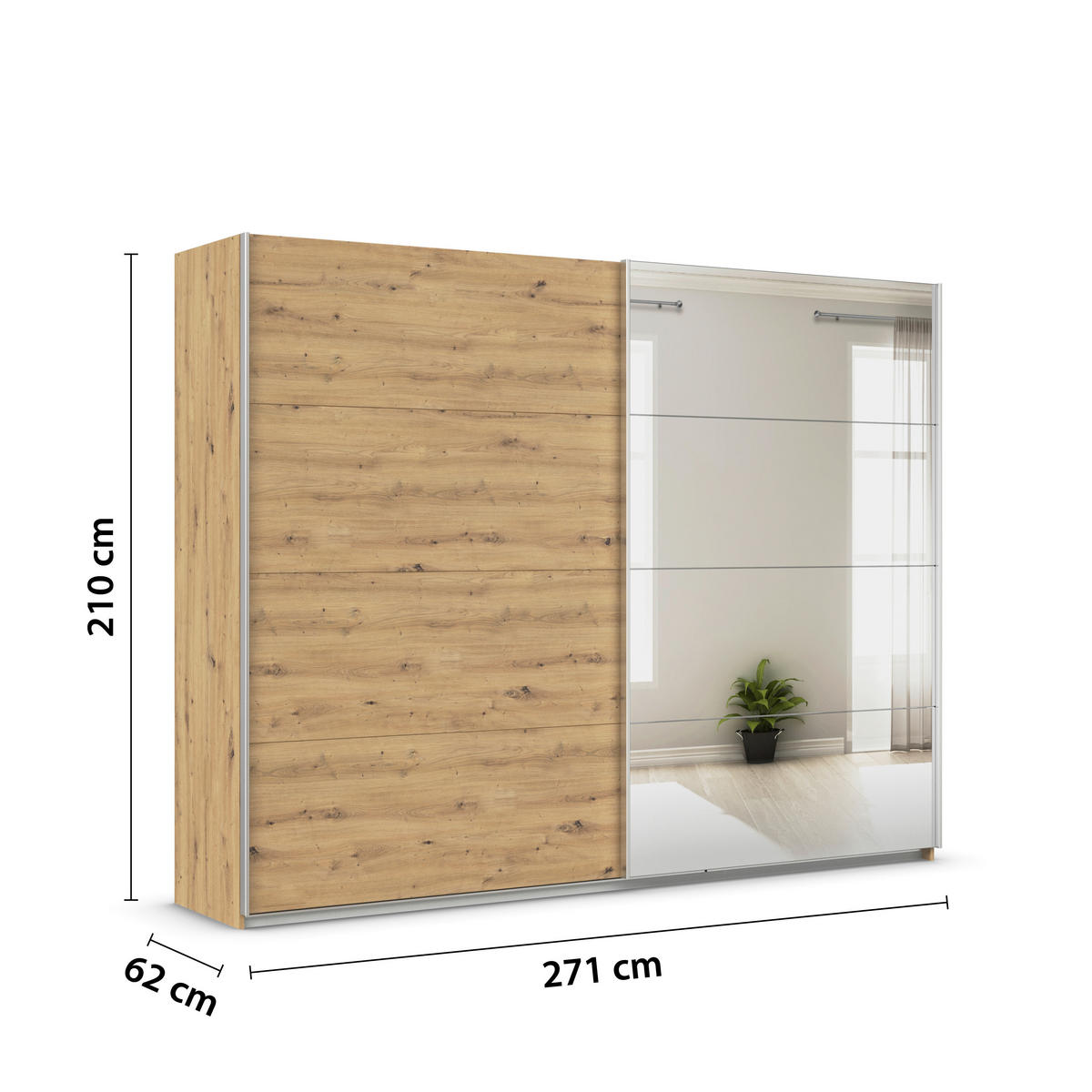 SCHWEBETÜRENSCHRANK  in Eiche Artisan  - Alufarben/Eiche Artisan, KONVENTIONELL, Glas/Holzwerkstoff (271/210/62cm) - Xora