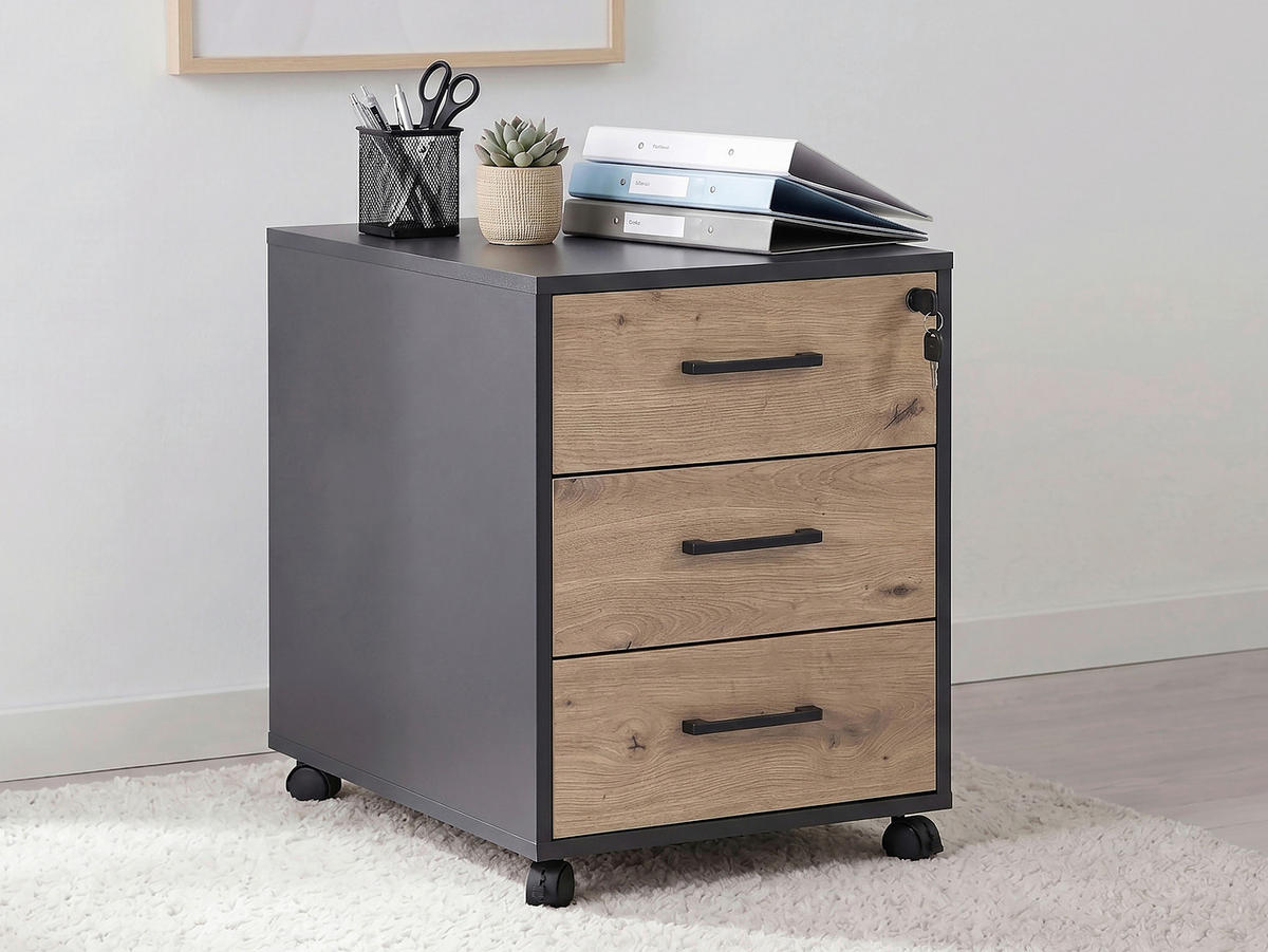 ROLLCONTAINER Schwarz, Eiche Artisan  - Schwarz/Eiche Artisan, MODERN, Holzwerkstoff/Kunststoff (43/56/60cm) - Livetastic