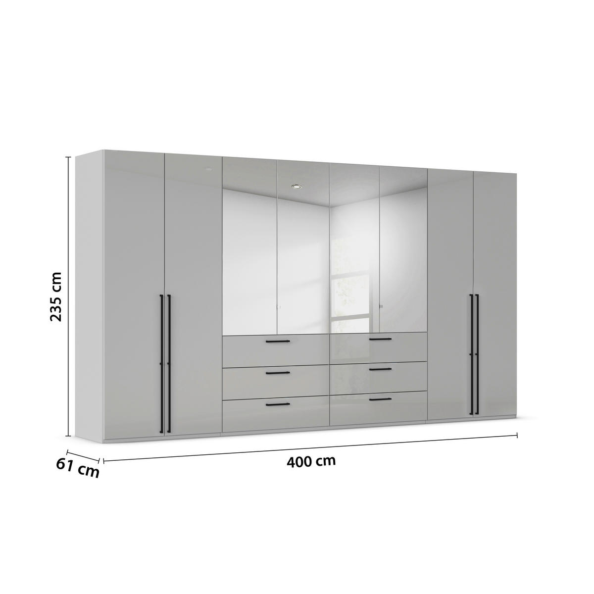 DREHTÜRENSCHRANK 400/235/61 cm,  in Weiß, 8-türig  - Chromfarben/Schwarz, Basics, Glas/Holzwerkstoff (400/235/61cm) - Novel
