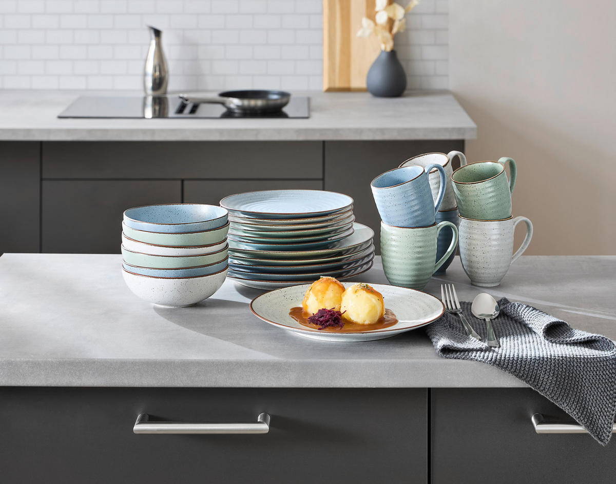 KOMBISERVICE Blau, Grün, Beige Farmhouse 24-teilig 6 Personen  - Blau/Beige, Design, Keramik - Landscape