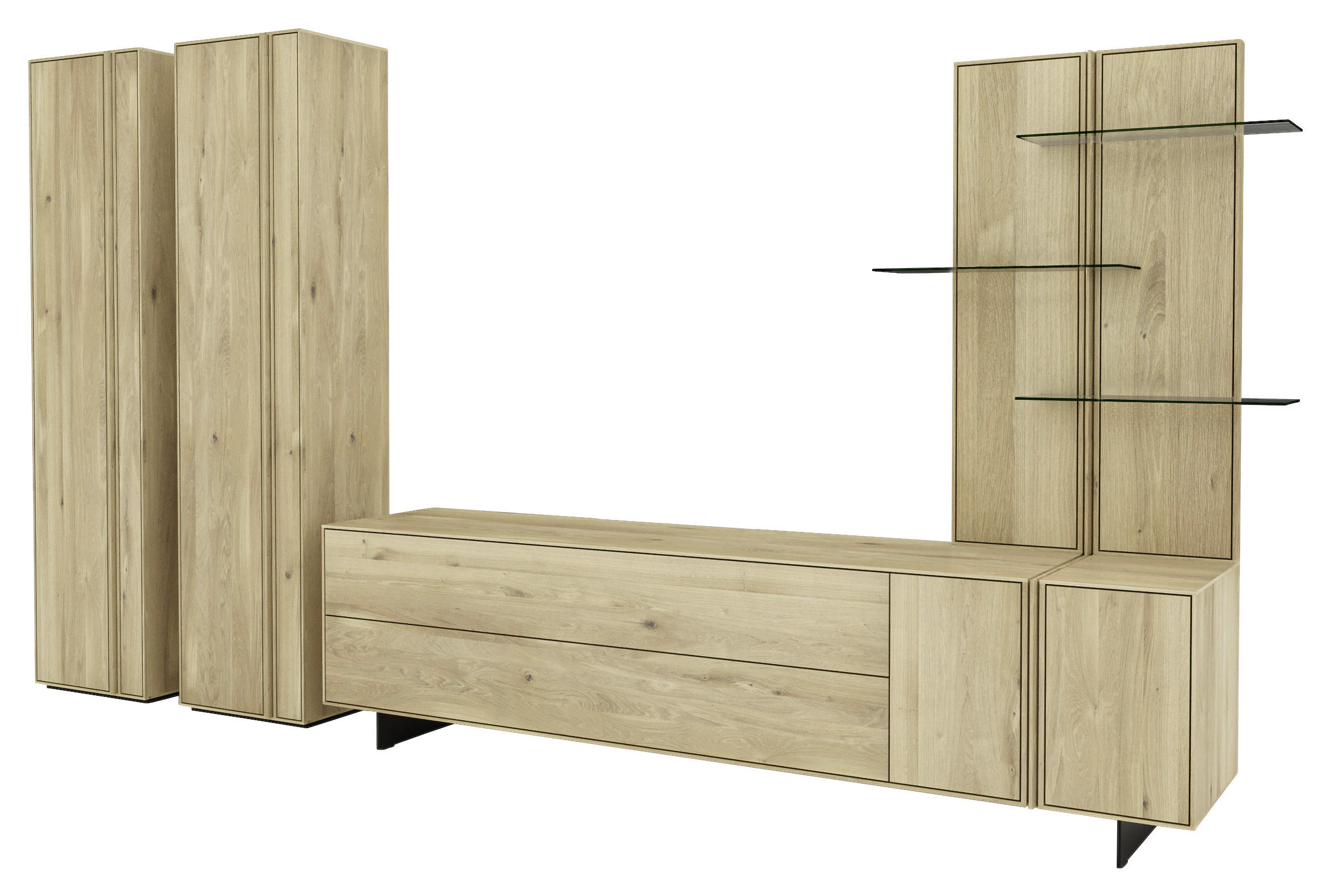 WOHNWAND  in Eichefarben  363/205,8/50 cm  - Eichefarben/Schwarz, Natur, Glas/Holz (363/205,8/50cm) - Cassando