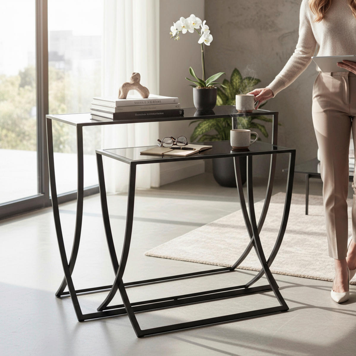 BEISTELLTISCHSET rechteckig Schwarz  - Schwarz, Design, Glas/Metall (60-80/30/55-65cm)
