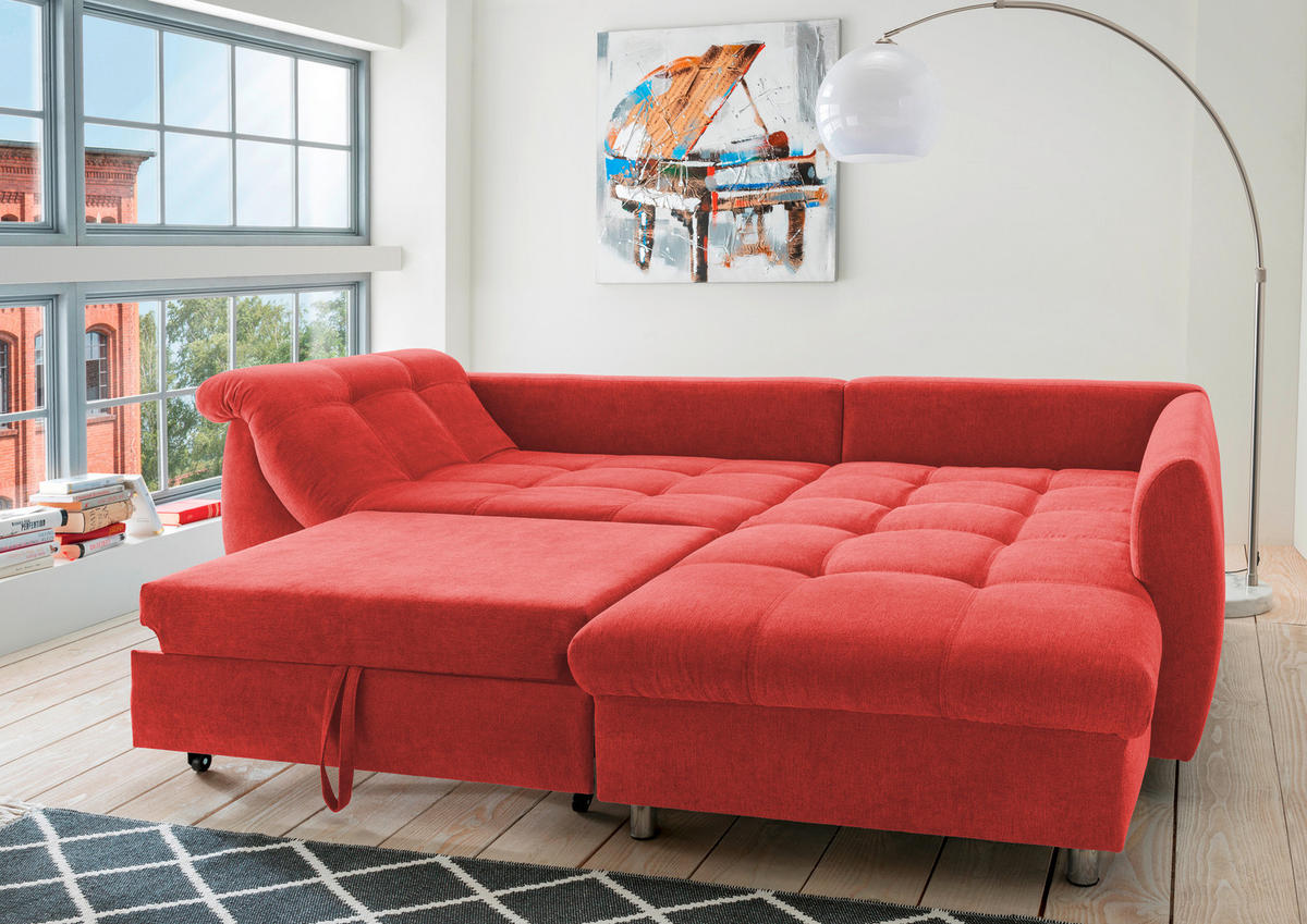 ECKSOFA Rot Mikrofaser  - Chromfarben/Rot, Design, Kunststoff/Textil (250/190cm) - Livetastic