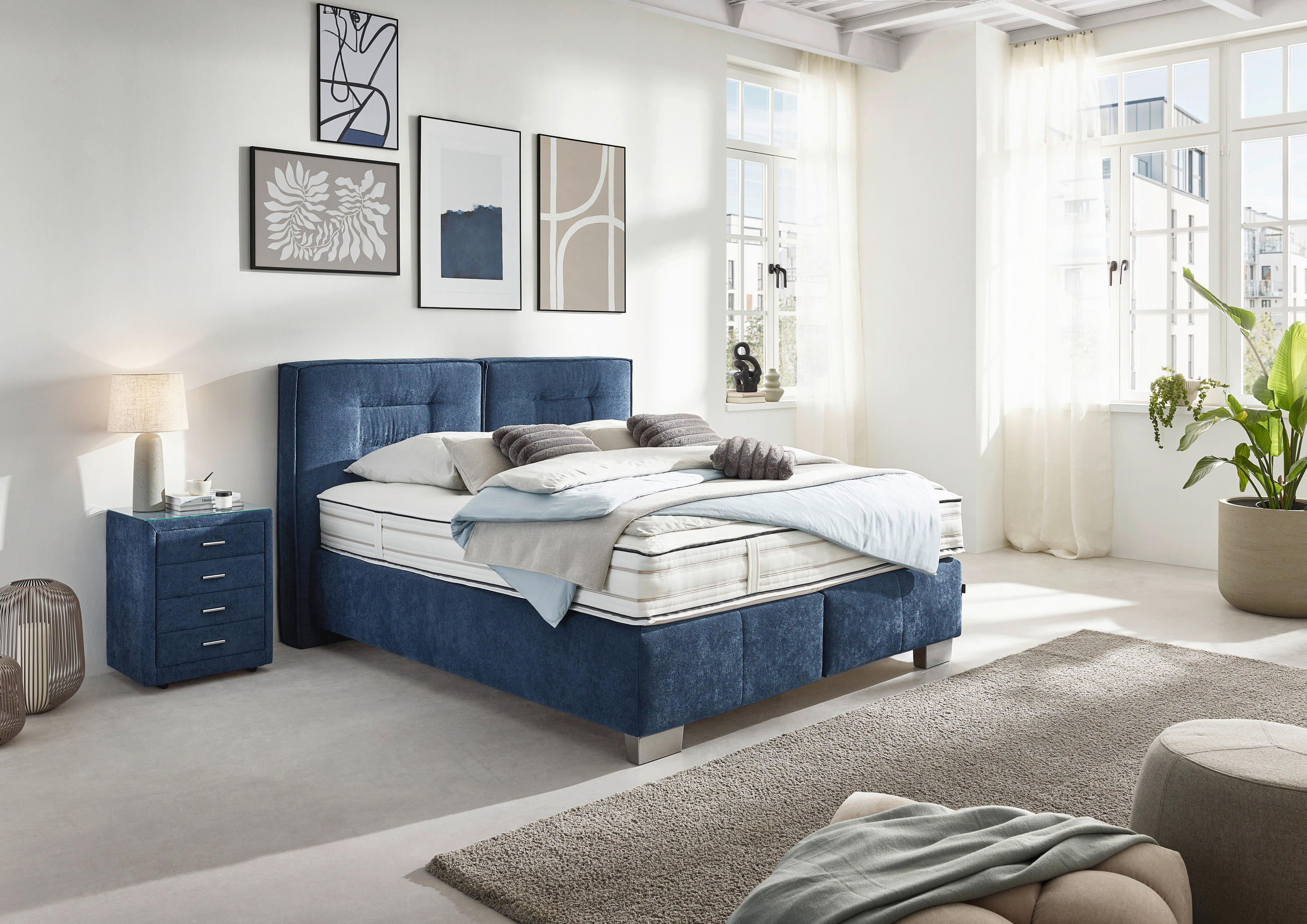 Thumbnail - Dieter Knoll Boxspringbett, Dunkelblau, Textil, Uni, H4, 7-Zonen, Höhe ca. 31 cm, 200x200 cm, gepolstertes Kopfteil, in ...