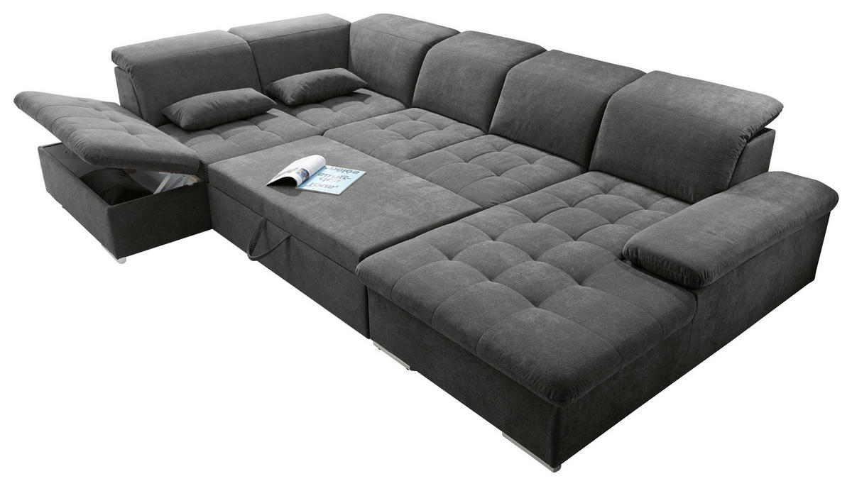 SOFFA i mikrovelour mörkgrå  - mörkgrå/silver, Klassisk, textil/plast (240/340/188cm) - MID.YOU
