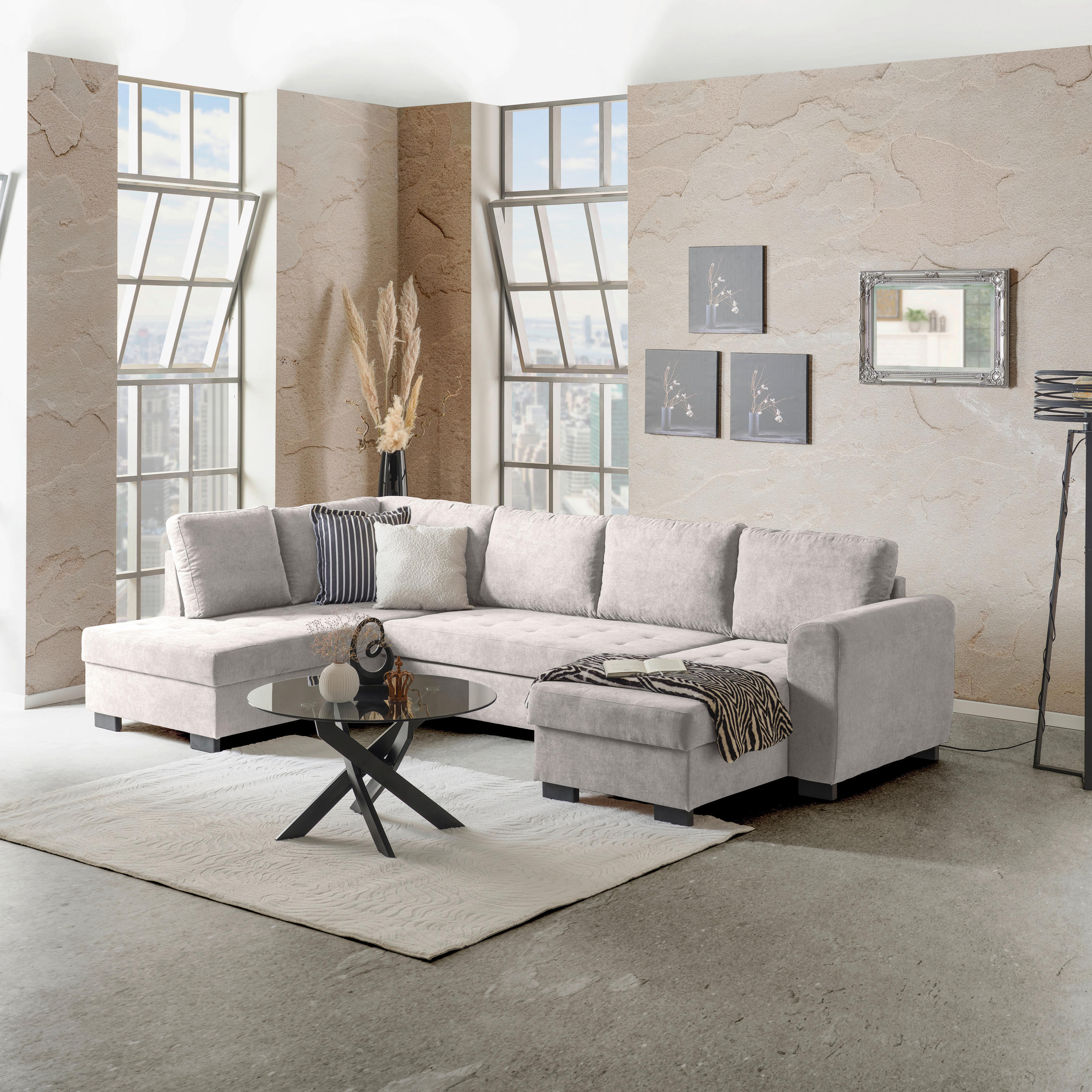 WOHNLANDSCHAFT Hellgrau Mikrofaser  - Hellgrau/Schwarz, MODERN, Kunststoff/Textil (178/305/155cm) - P & B