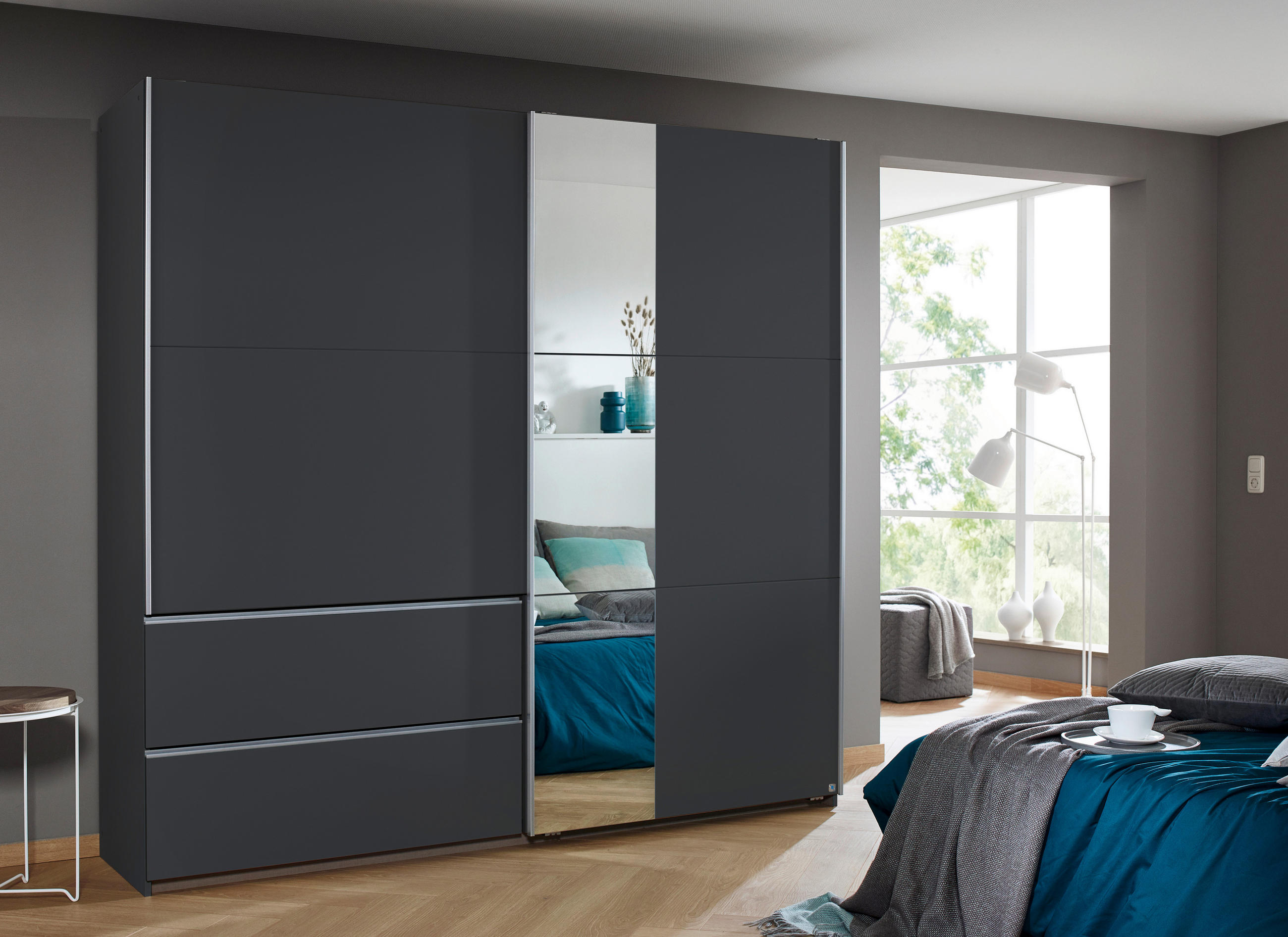SKJUTDÖRRSGARDEROB 218/210/59 cm 2-dörrar - aluminiumfärg/grå, Design, metall/trämaterial (218/210/59cm) - Rauch Möbel