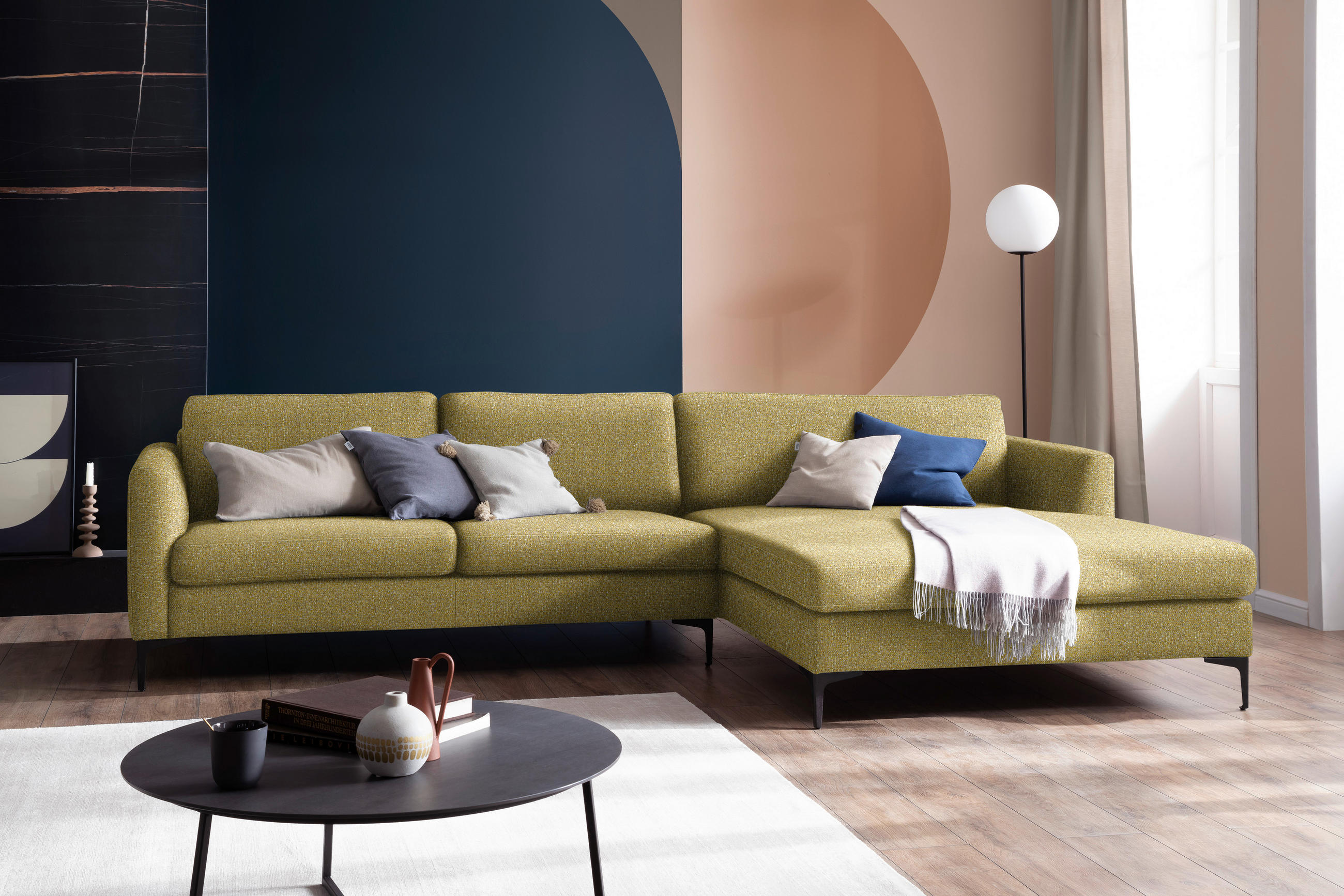 ECKSOFA in Flachgewebe Currygelb  310/195 cm  - Currygelb/Schwarz, Design, Textil/Metall (310/195cm) - Schöner Wohnen