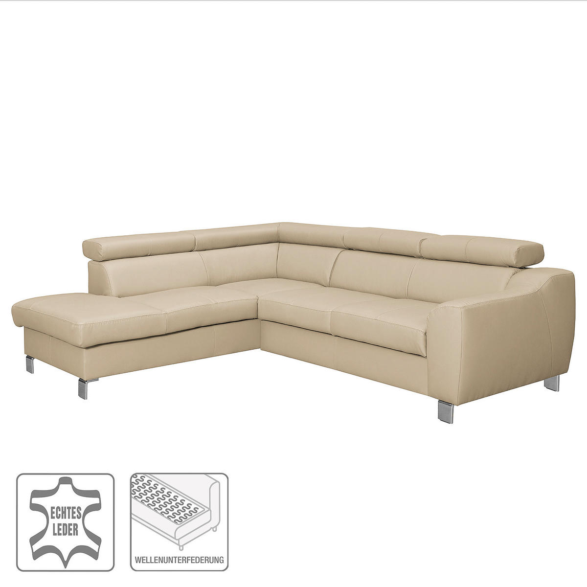 ECKSOFA in Lederlook Echtleder Beige  - Chromfarben/Beige, Design, Leder/Textil (208/245cm) - Livetastic