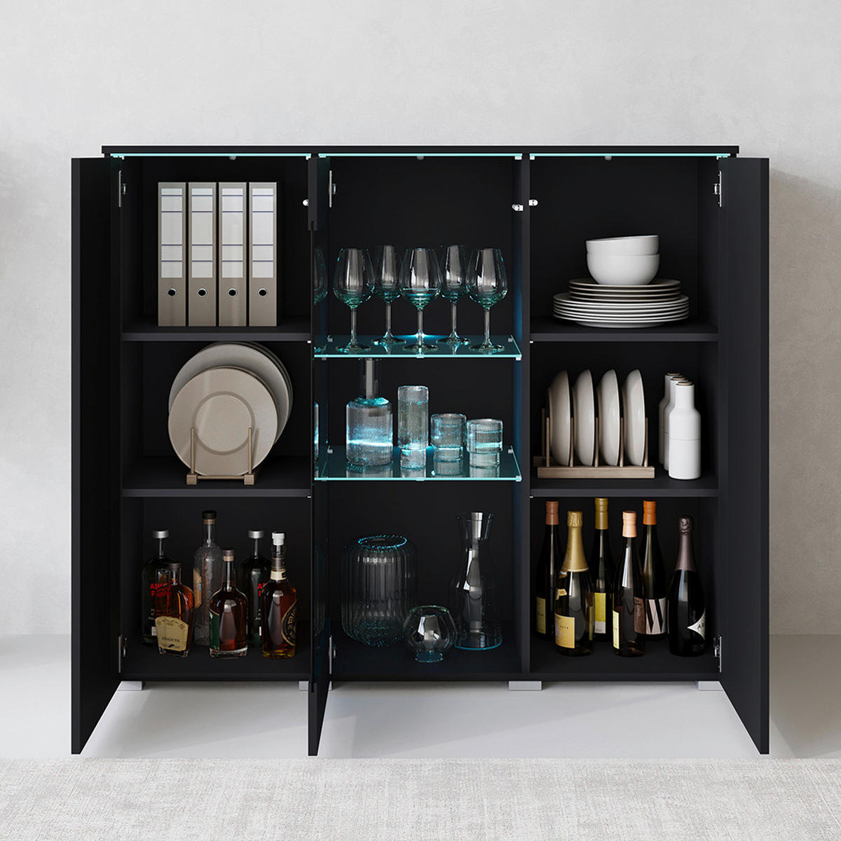 HIGHBOARD Vera  in 120/103,3/39,5 cm  - Schwarz/Grau, Trend, Glas/Holzwerkstoff (120/103,3/39,5cm) - P & B