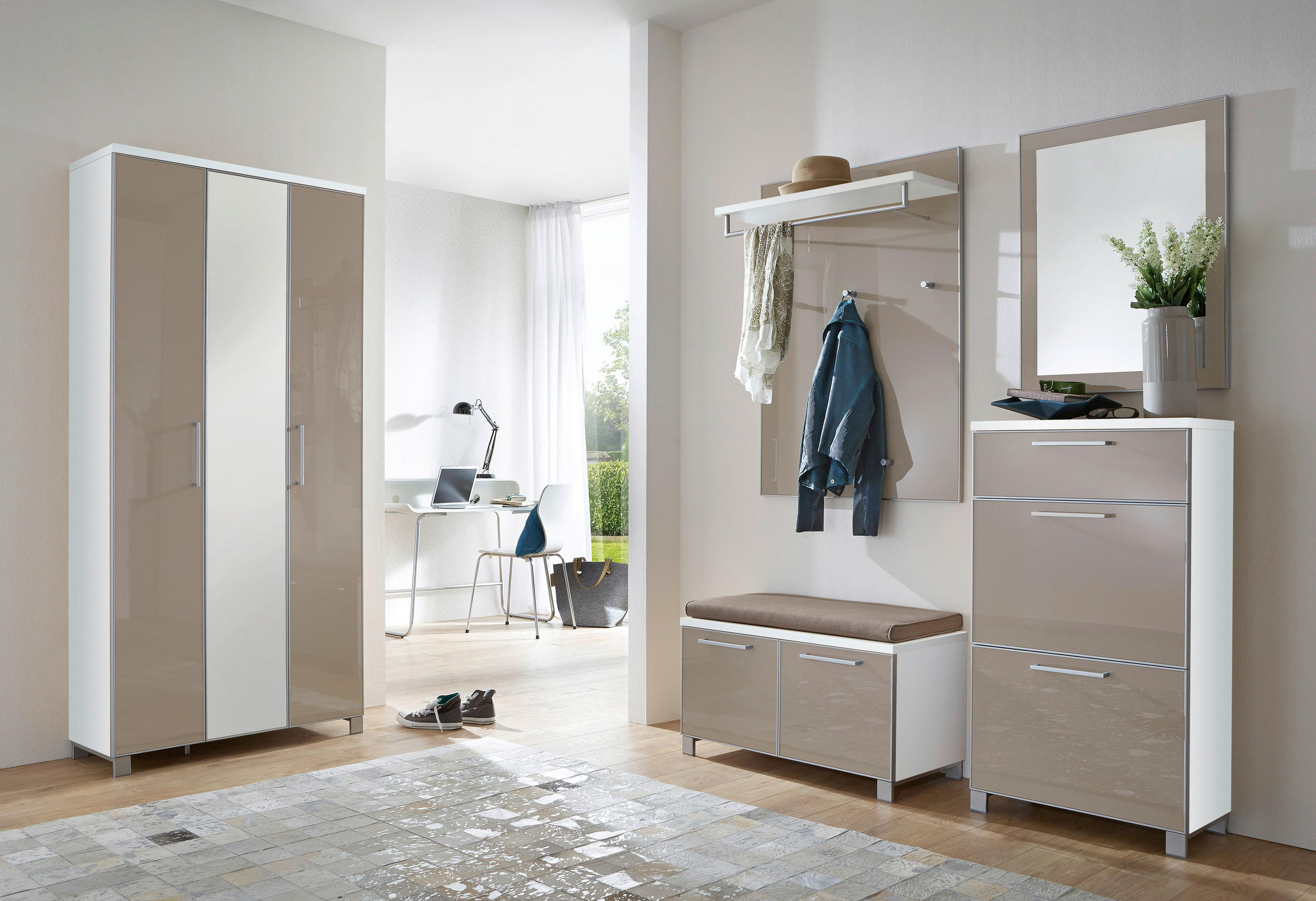 GARDEROBE 6-teilig in 245/195/40 cm - Taupe/Weiß, Design, Glas/Holzwerkstoff (245/195/40cm)