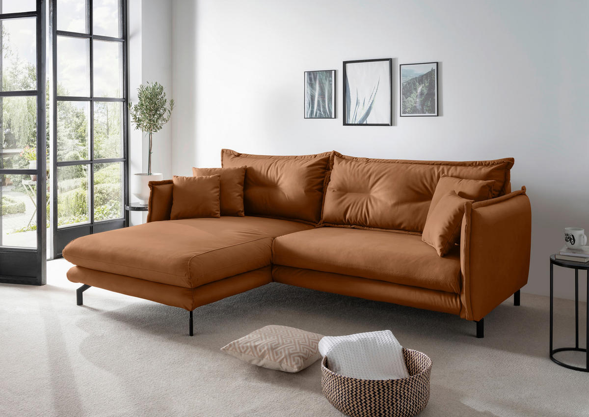 ECKSOFA in Lederlook Cognac  180/255 cm  - Cognac/Schwarz, MODERN, Textil/Metall (180/255cm) - Livetastic