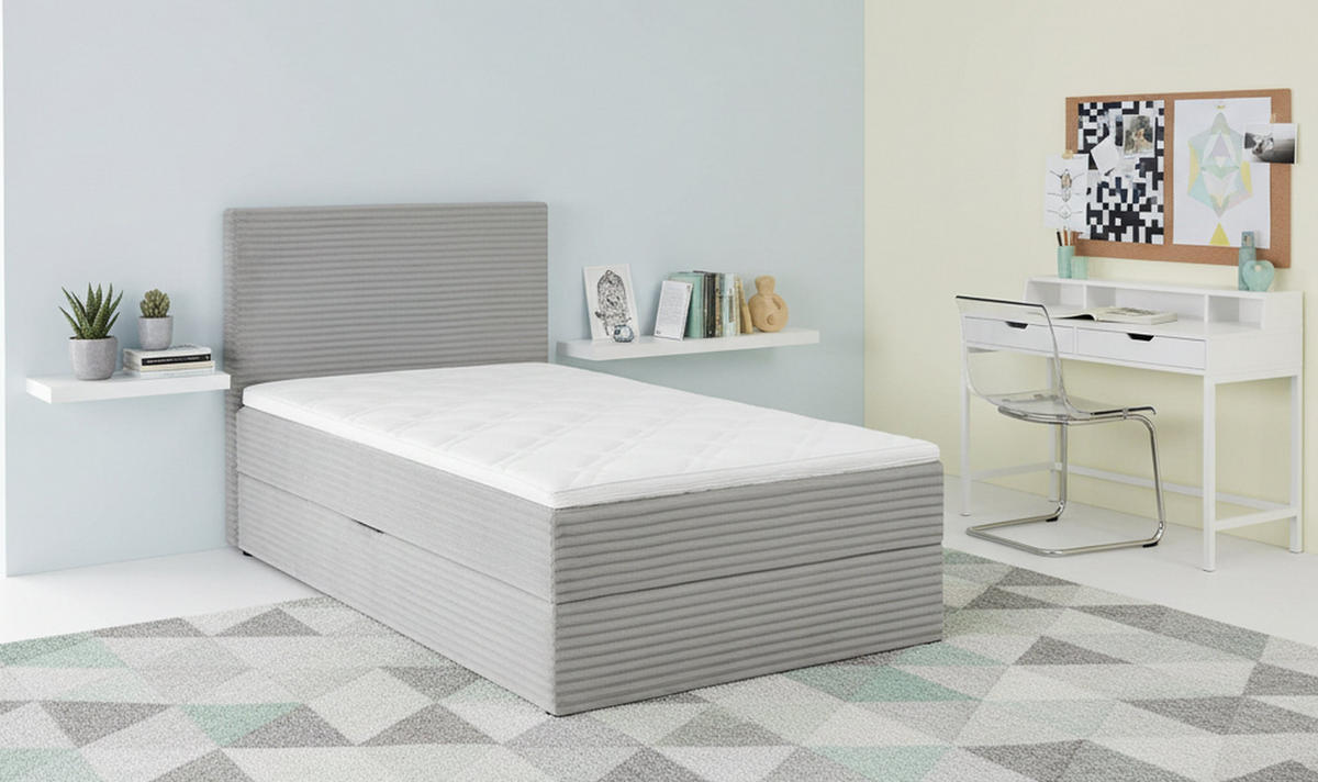 BOXBETT 120/200 cm,  in Hellgrau, Matratze, Bettkasten, Topper, H3 = fest  - Hellgrau/Schwarz, Trend, Kunststoff/Textil (120/200cm) - Boxxx