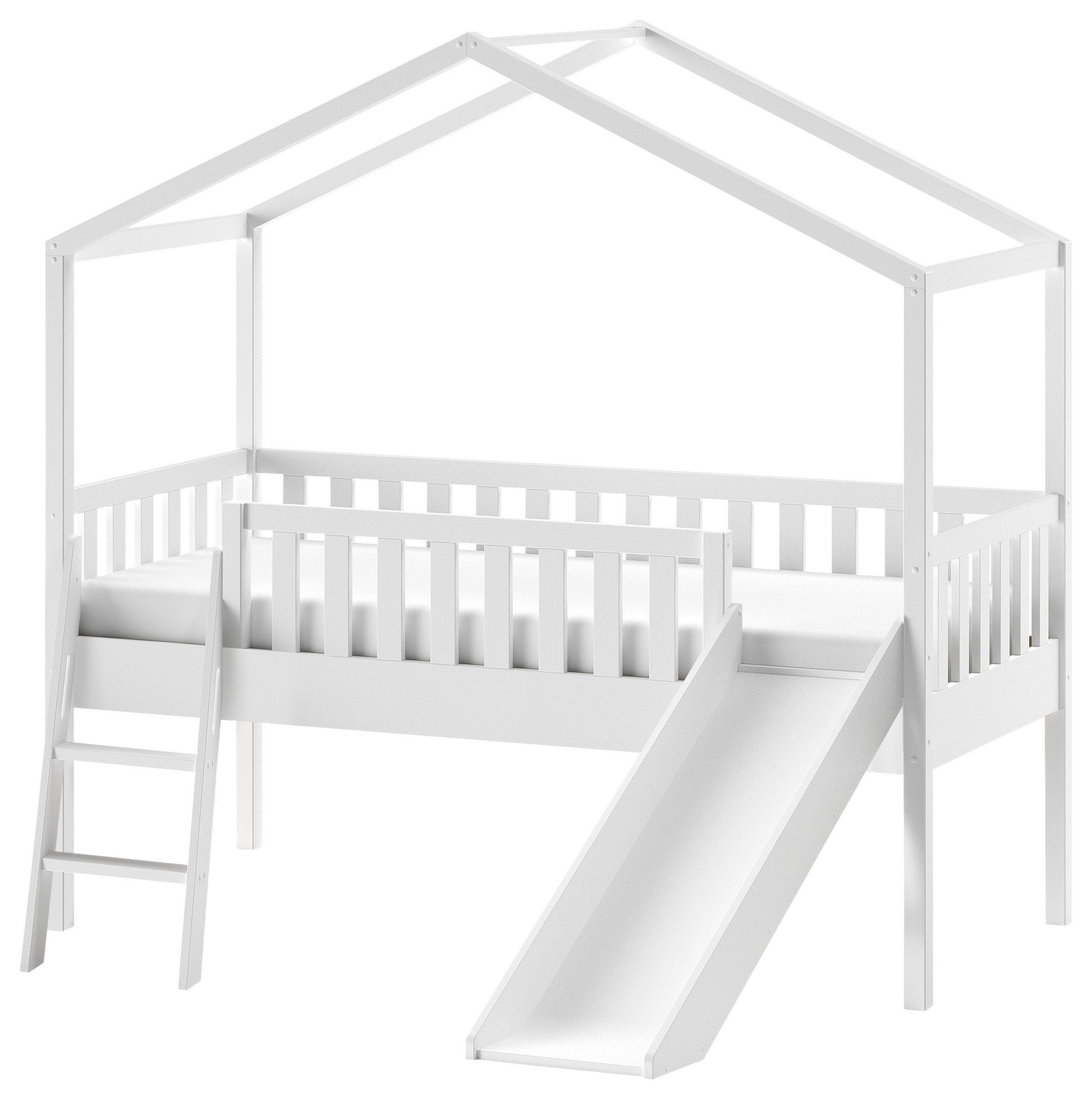HAUSBETT Absturzsicherung, Leiter, Rutsche, Rollrost 90/200 cm  - Weiß, Natur, Holz (90/200cm) - MID.YOU
