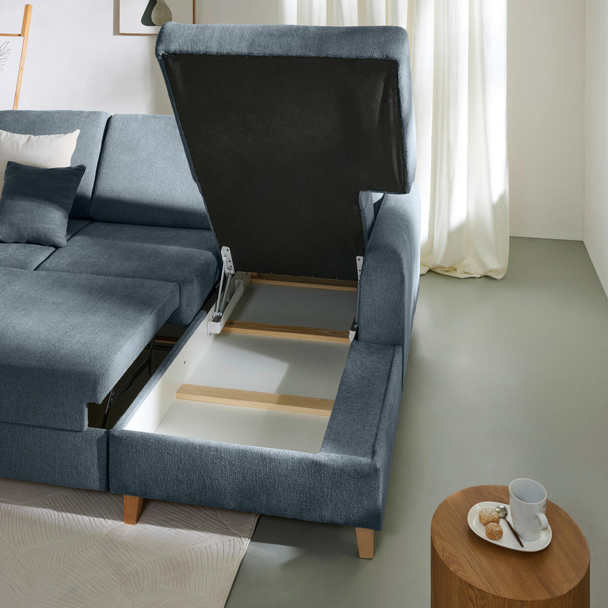 ECKSOFA Blau Flachgewebe  - Blau/Buchefarben, KONVENTIONELL, Holz/Textil (241/166cm) - Carryhome