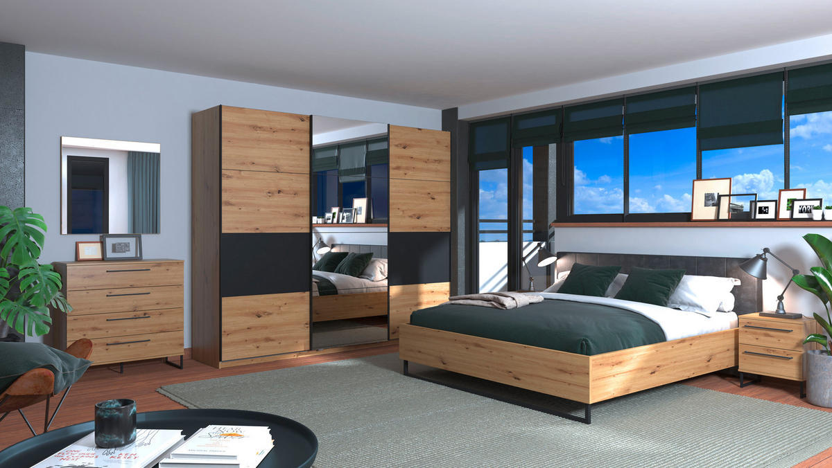 SCHWEBETÜRENSCHRANK 3-türig Schwarz, Eichefarben  - Eichefarben/Schwarz, Basics, Glas/Holzwerkstoff (262,5/224/62,5cm) - Xora