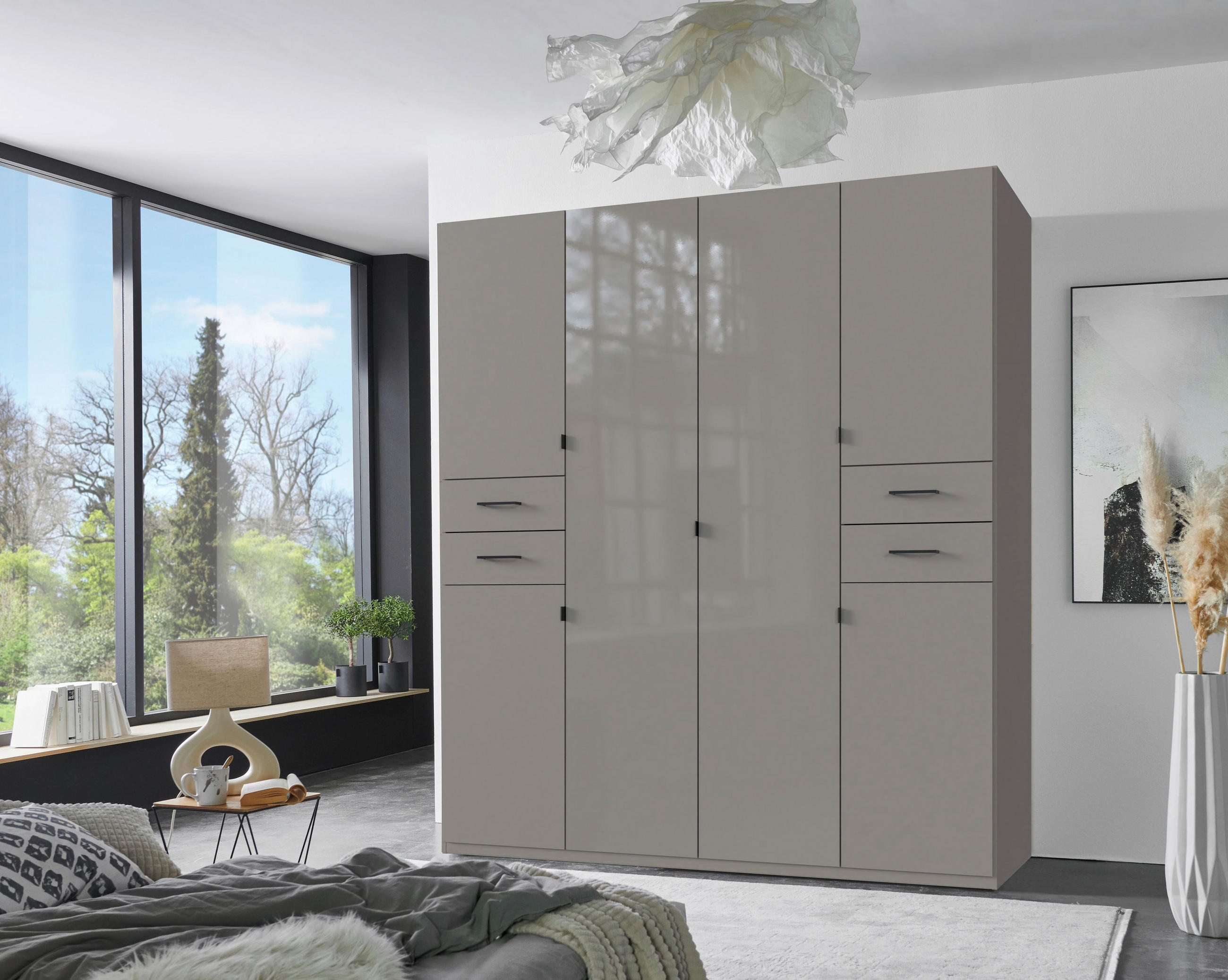 KLEIDERSCHRANK 180/208/58 cm,  in Grau, Sahara, 6-türig  - Schwarz/Grau, KONVENTIONELL, Glas/Holzwerkstoff (180/208/58cm) - Boxxx