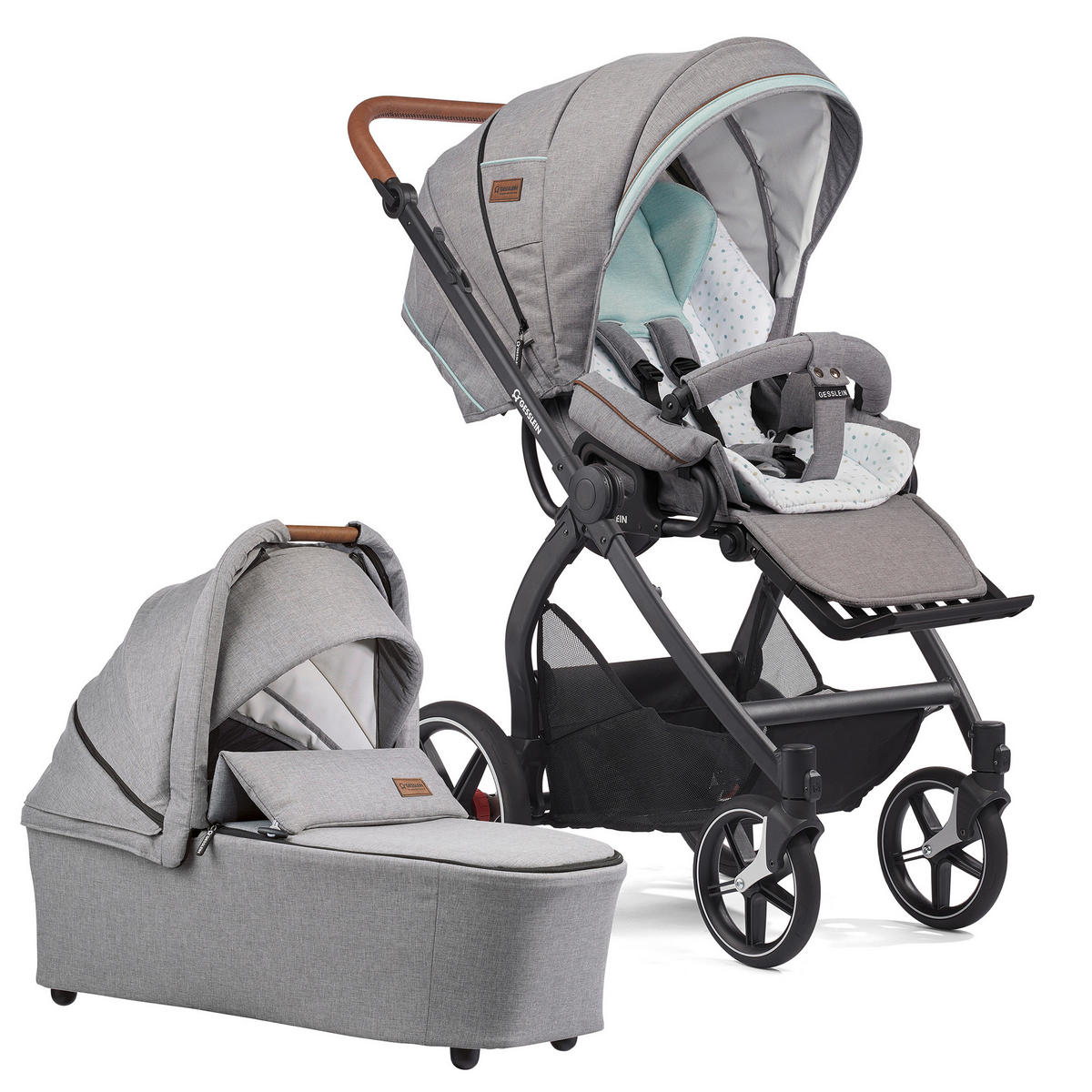 KINDERWAGENSET FX4 Classic  - Hellgrau/Schwarz, Basics, Leder/Textil (57/129/100cm) - Gesslein