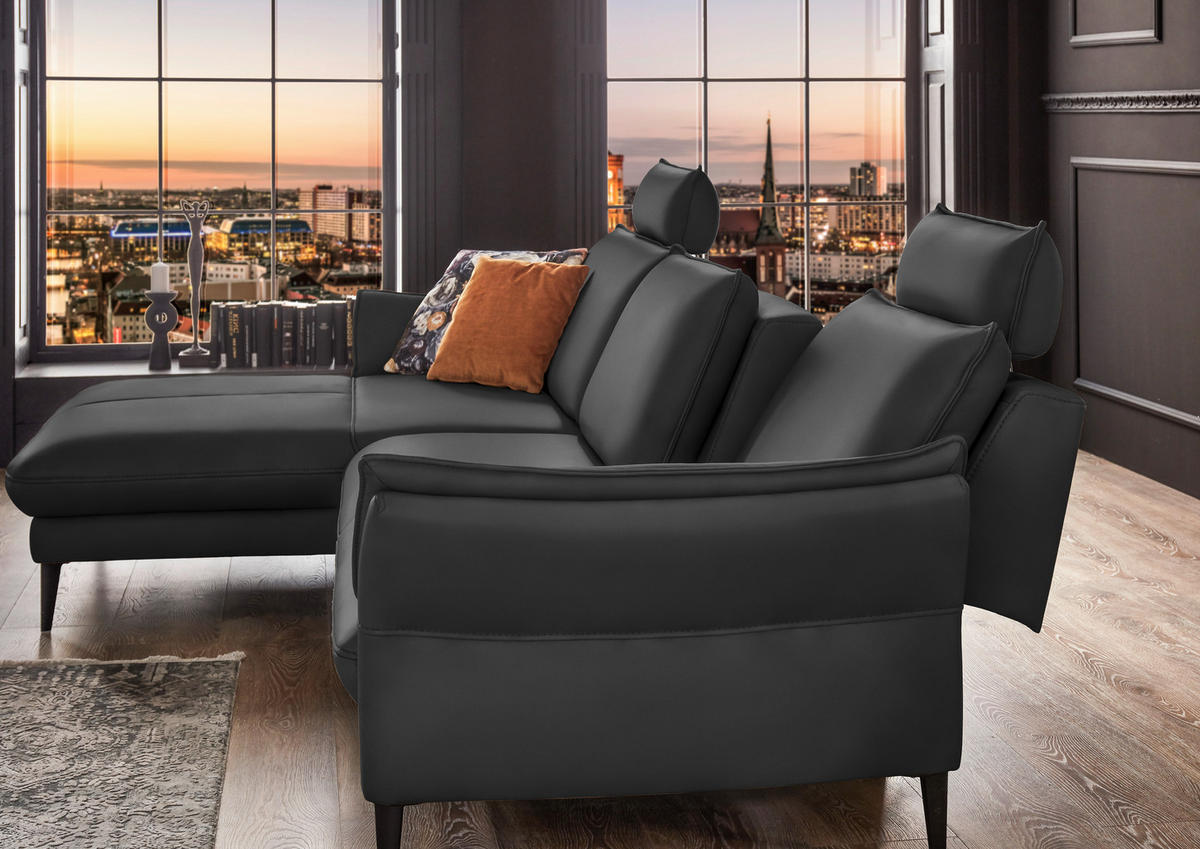 ECKSOFA in Echtleder Schwarz  - Schwarz, Design, Leder/Metall (172/334cm) - Hukla