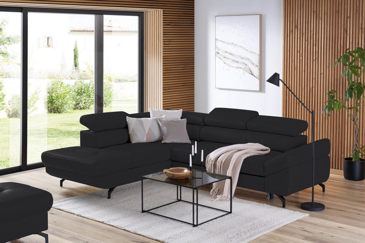 ECKSOFA in Echtleder Schwarz  - Schwarz, Design, Leder/Metall (220/270cm) - Novel