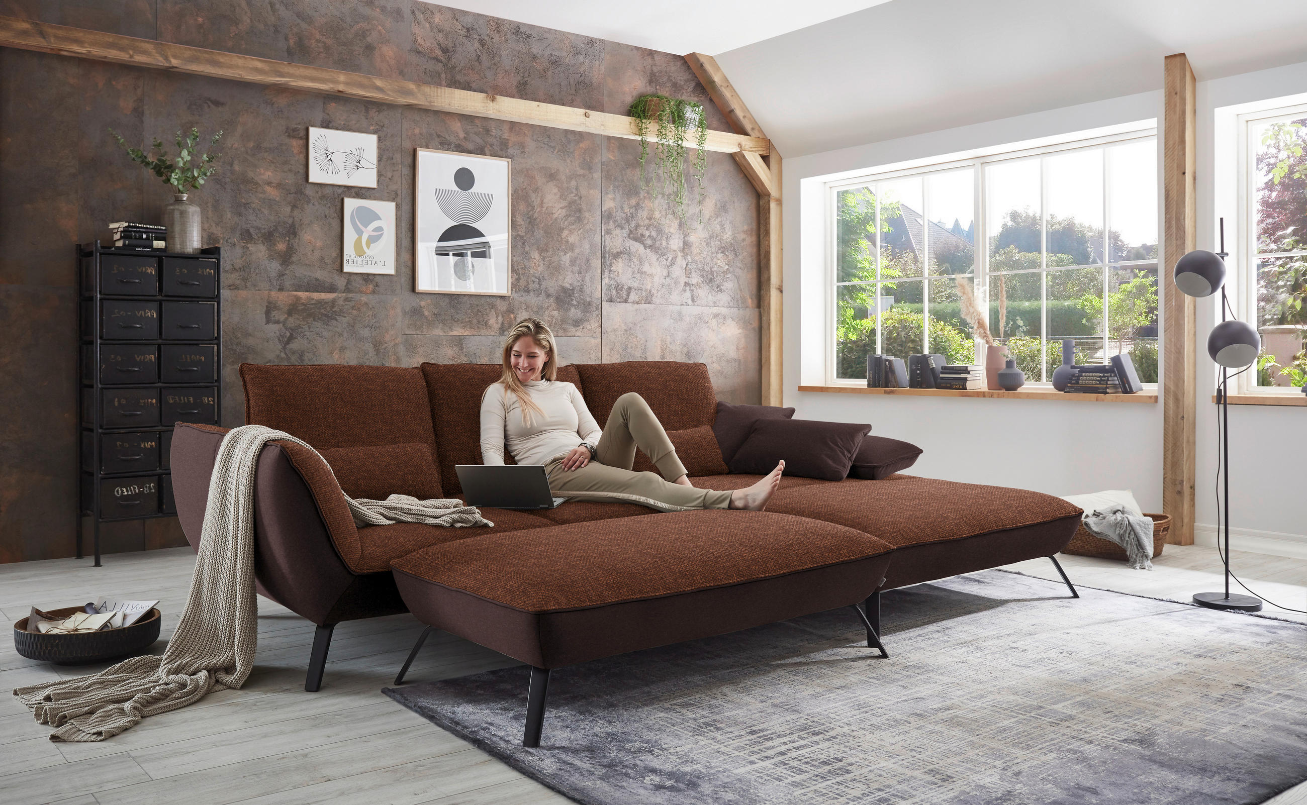 ECKSOFA in Flachgewebe Kupferfarben  - Schwarz/Kupferfarben, Design, Textil/Metall (301/191cm) - Moderano