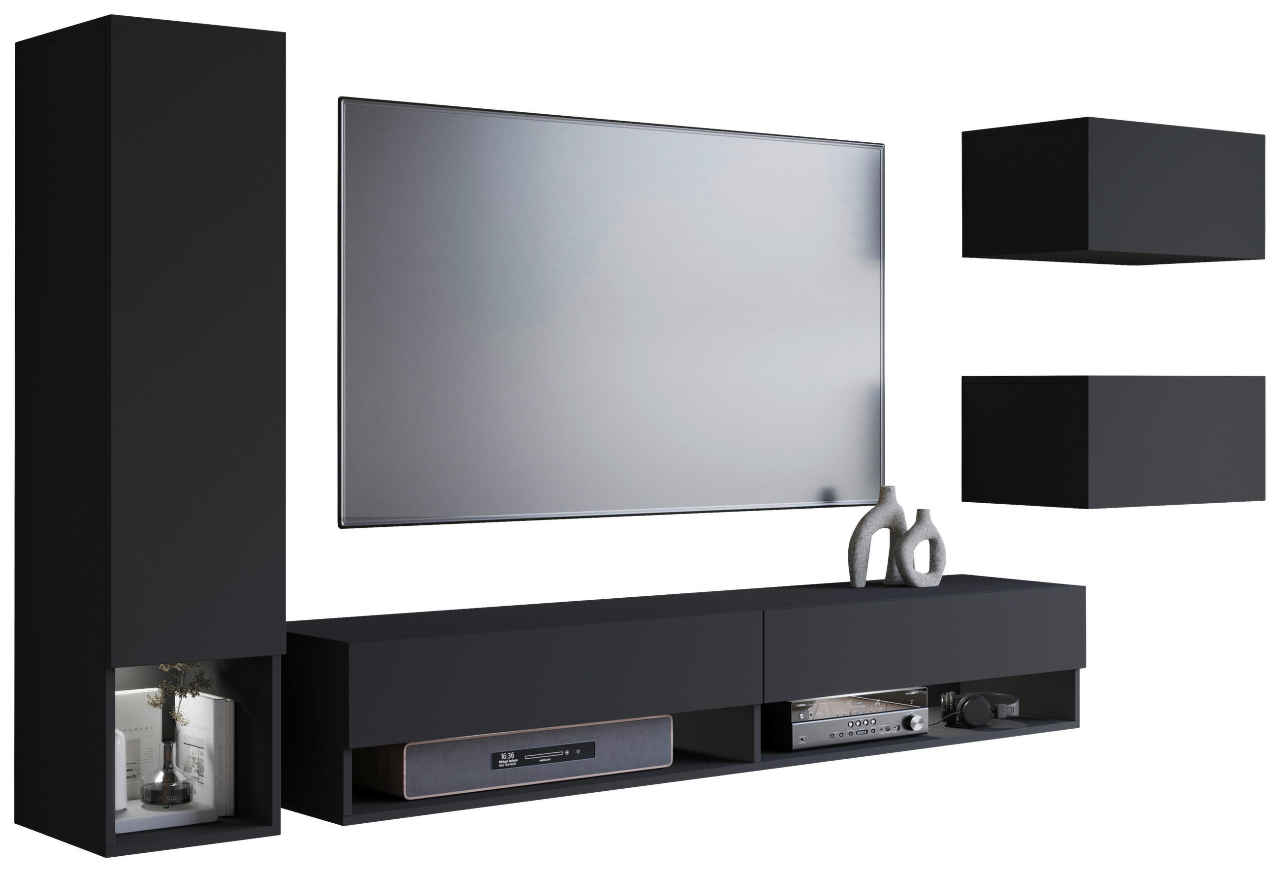 WOHNWAND Alba 4-teilig  in Schwarz  270/130/32,5 cm  - Schwarz, Basics, Holzwerkstoff (270/130/32,5cm) - P & B