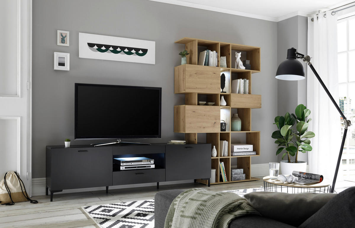 WOHNWAND  in Schwarz, Eichefarben  290/195/40 cm  - Eichefarben/Anthrazit, Design, Holzwerkstoff/Kunststoff (290/195/40cm) - MID.YOU