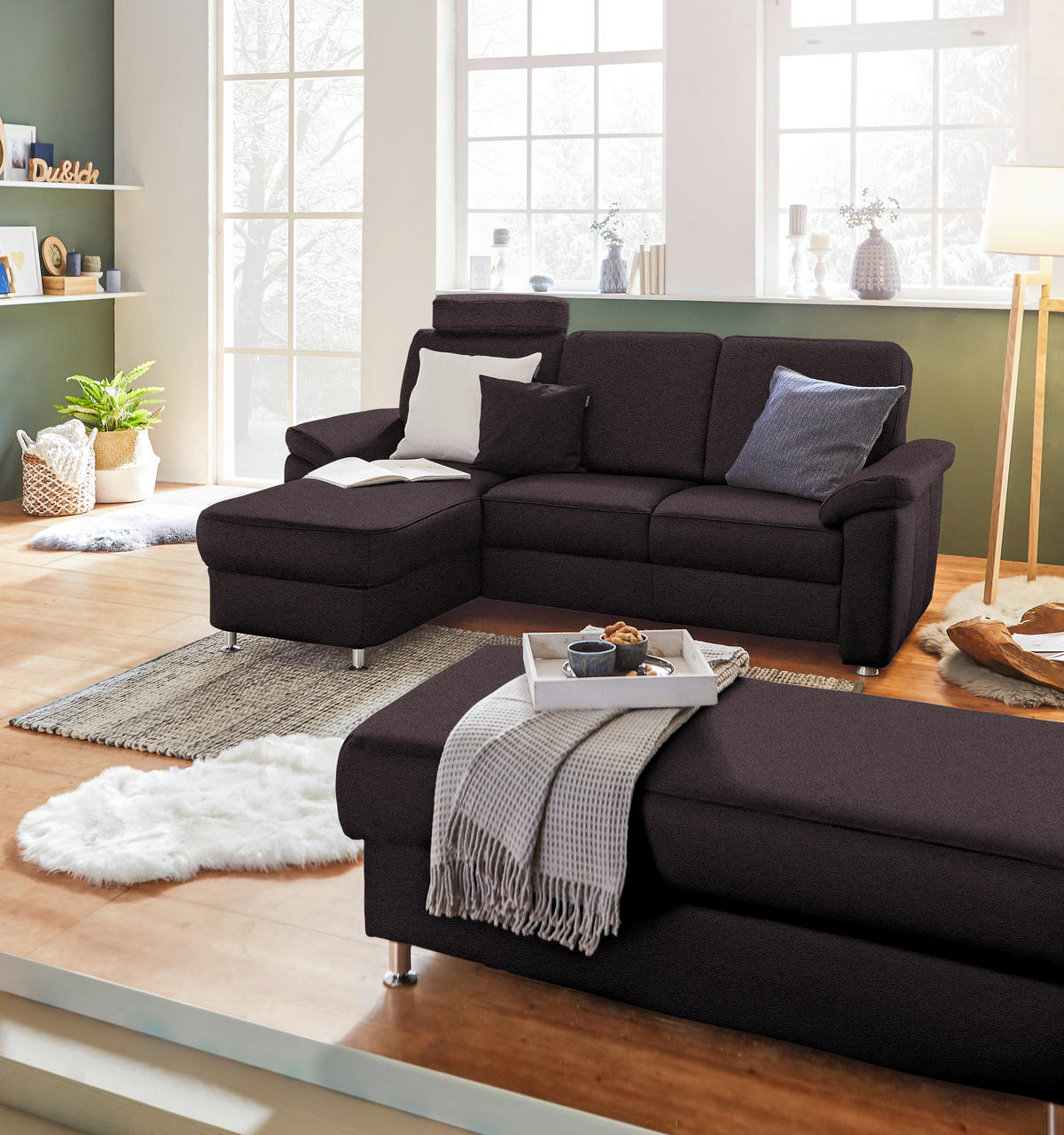 ECKSOFA in Flachgewebe Mokka  - Chromfarben/Mokka, Konventionell, Textil/Metall (163/220cm) - Beldomo System