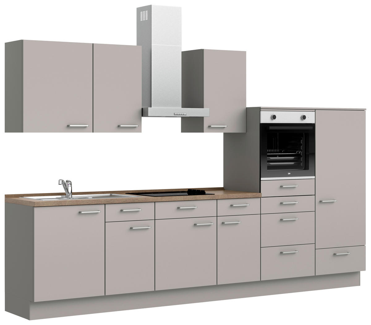 KÜCHENBLOCK 330 cm   in Grau, Eiche dunkel  - Eiche dunkel/Edelstahlfarben, MODERN, Holzwerkstoff/Metall (330cm) - Nobilia