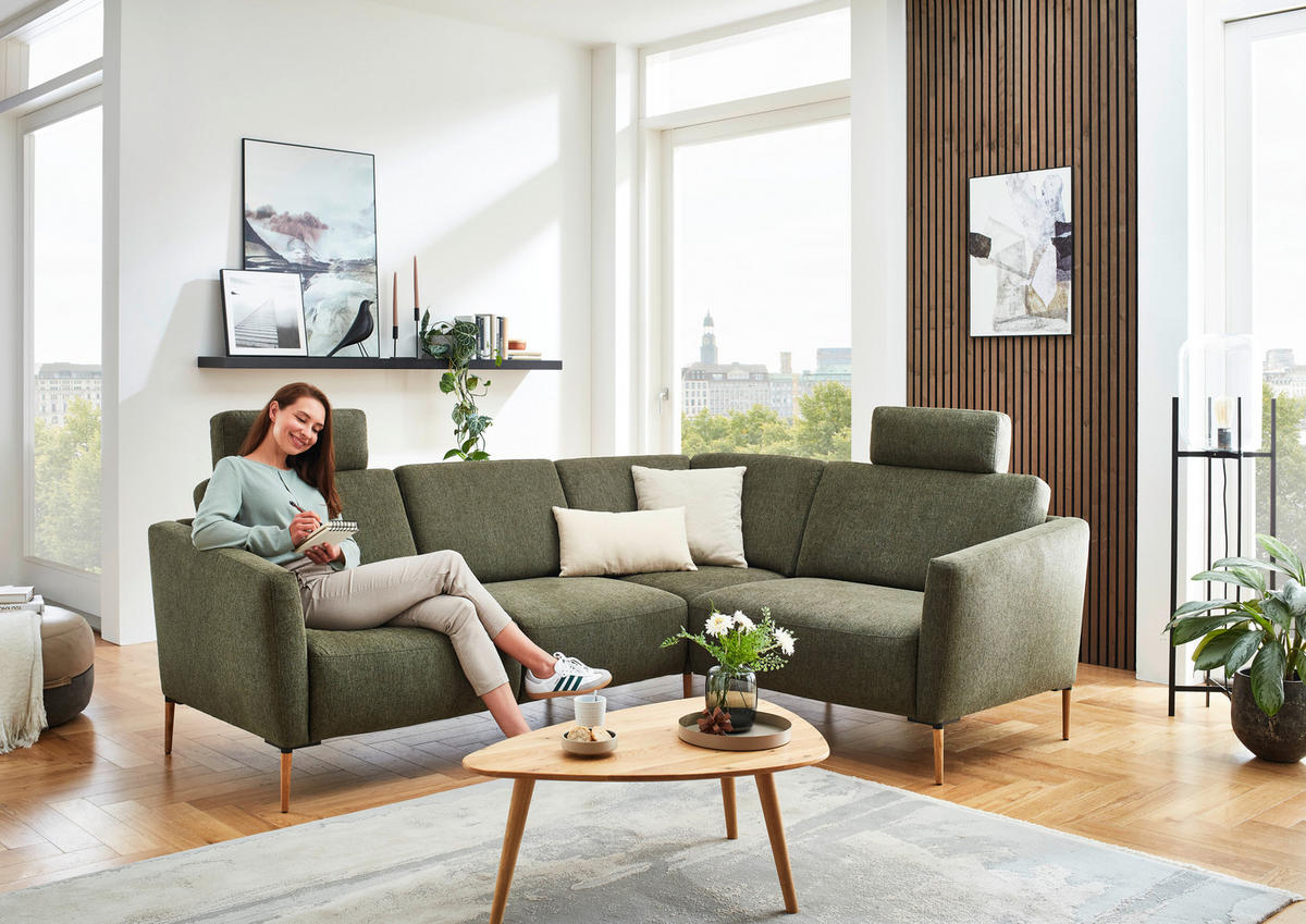 ECKSOFA in Flachgewebe Olivgrün  238/186 cm  - Eichefarben/Olivgrün, Design, Holz/Textil (238/186cm) - Valnatura