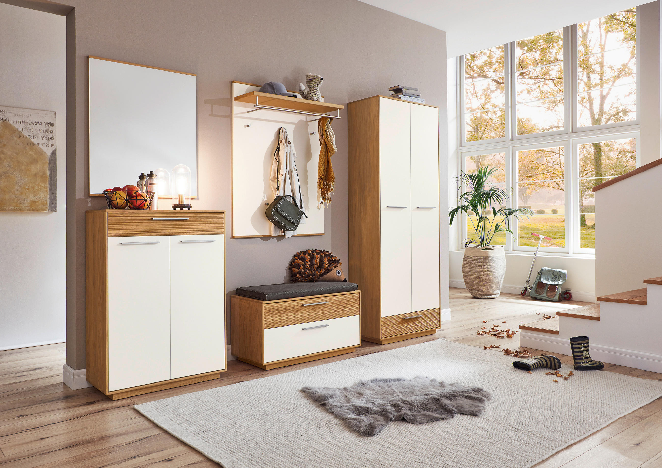 GARDEROBE 6-teilig in 250/195/40 cm - Weiss/Eichefarben, Design, Glas/Holz (250/195/40cm)