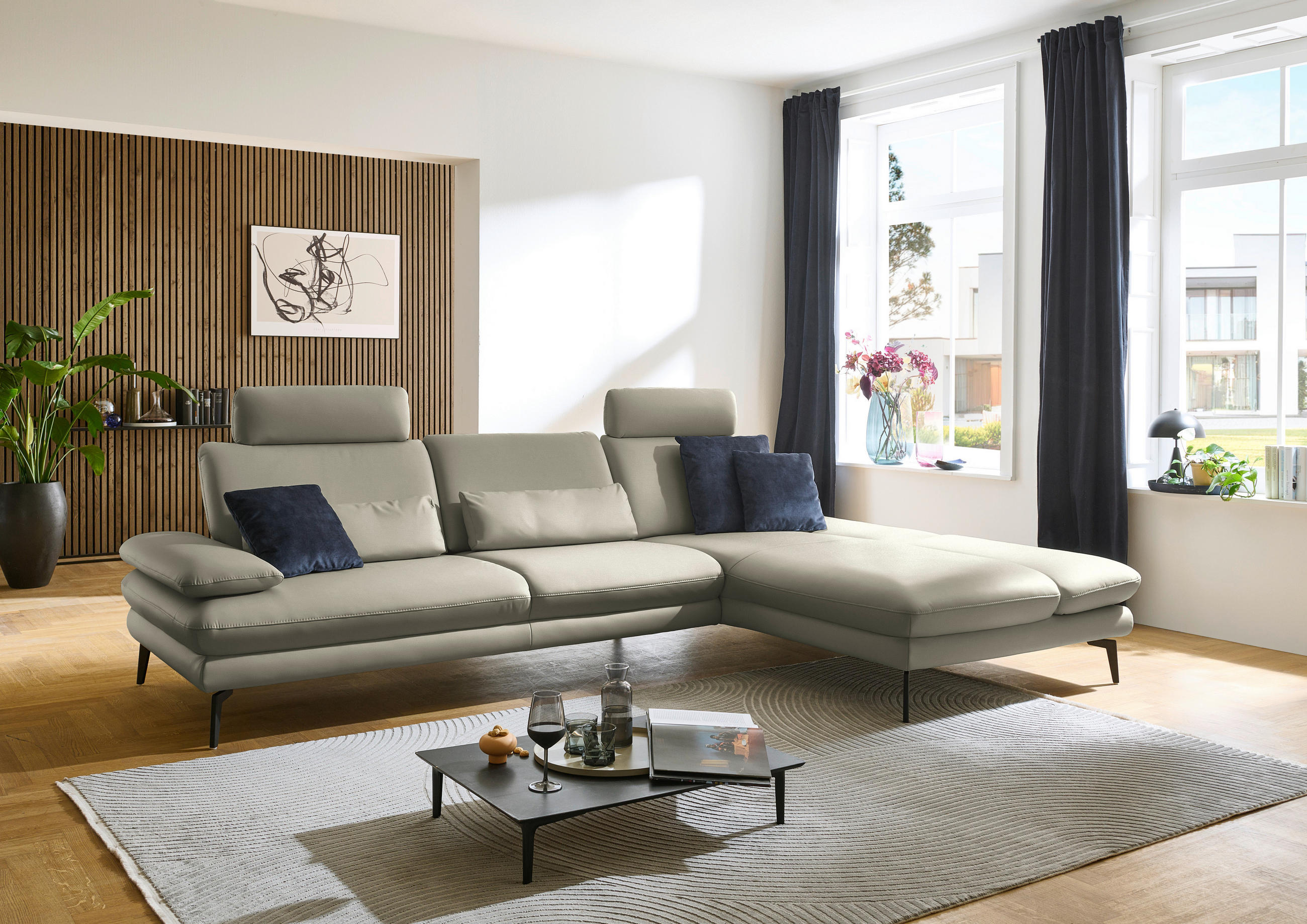 ECKSOFA in Echtleder Hellgrau  - Hellgrau/Schwarz, Design, Leder/Metall (308/195cm) - Dieter Knoll