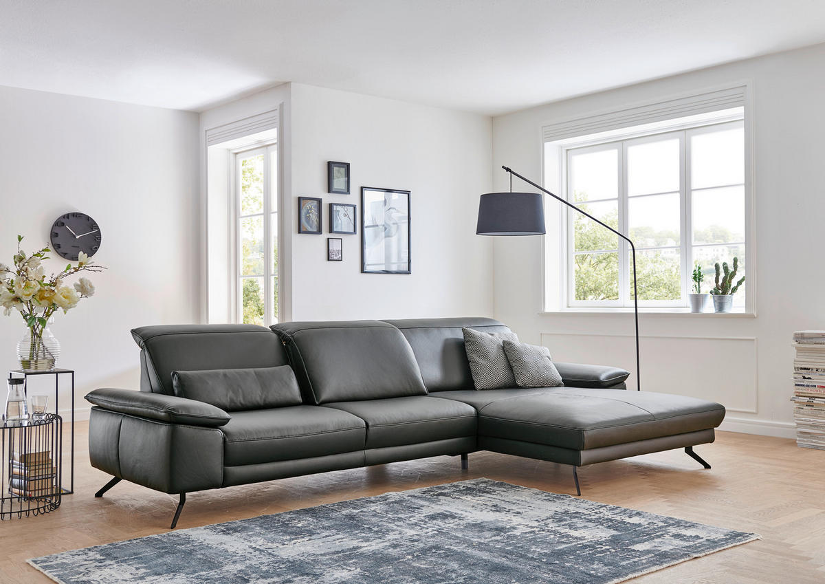 ECKSOFA in Echtleder Anthrazit  - Anthrazit/Schwarz, Design, Leder/Metall (193/328cm) - Dieter Knoll