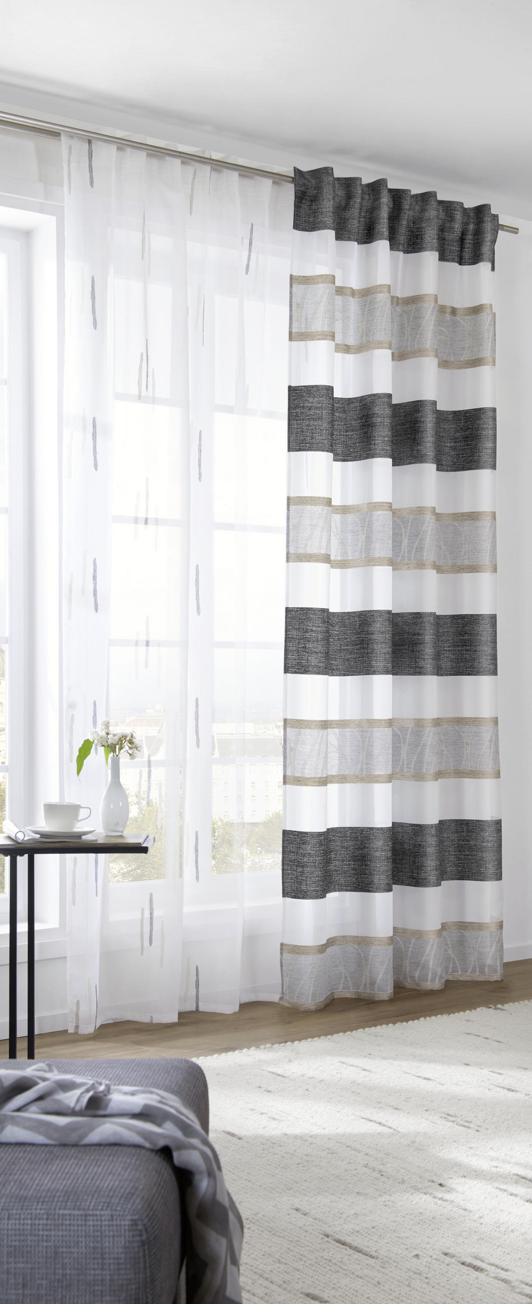 HOTOVÝ ZÁVĚS, průhledné, 135/245 cm - šedá/černá, Konvenční, textil (135/245cm) - Esposa