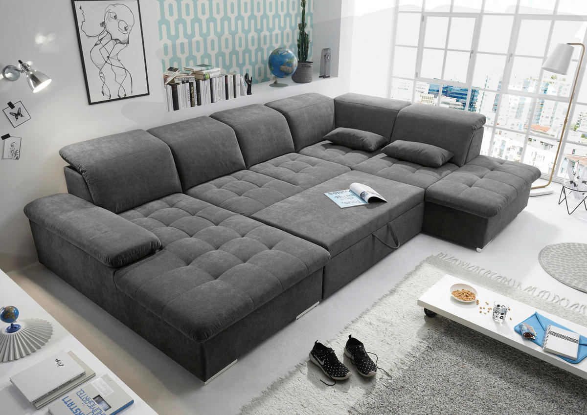 WOHNLANDSCHAFT Dunkelgrau Mikrovelours  - Dunkelgrau/Silberfarben, KONVENTIONELL, Kunststoff/Textil (188/340/240cm) - MID.YOU
