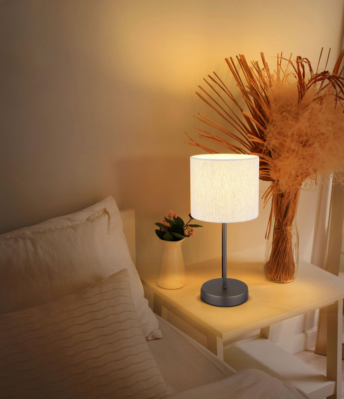 TISCHLEUCHTE 17/37 cm   - Schwarzchrom/Creme, Design, Kunststoff/Textil (17/37cm) - Globo