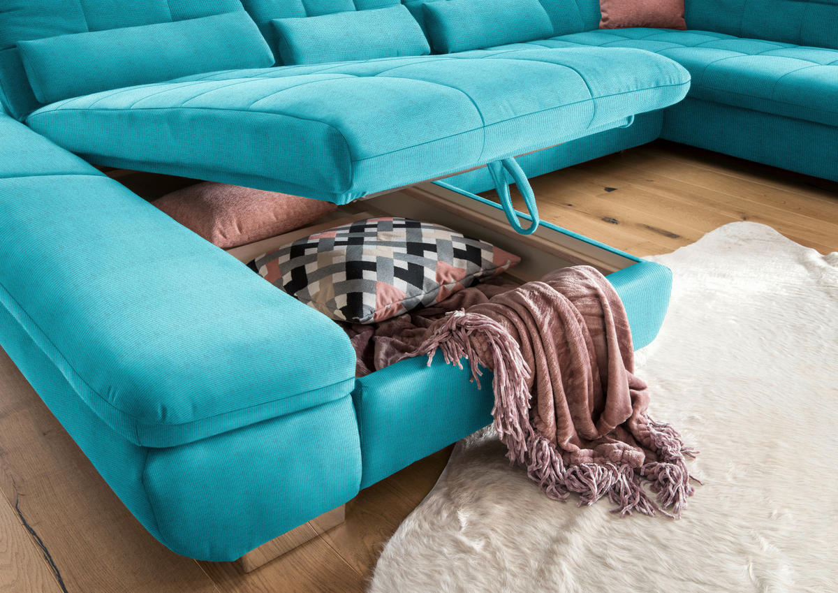 SALON PANORAMIQUE in Mikrofaser Türkis  - couleur chromée/turquoise, Design, textile/matière synthétique (204/350/211cm) - Xora