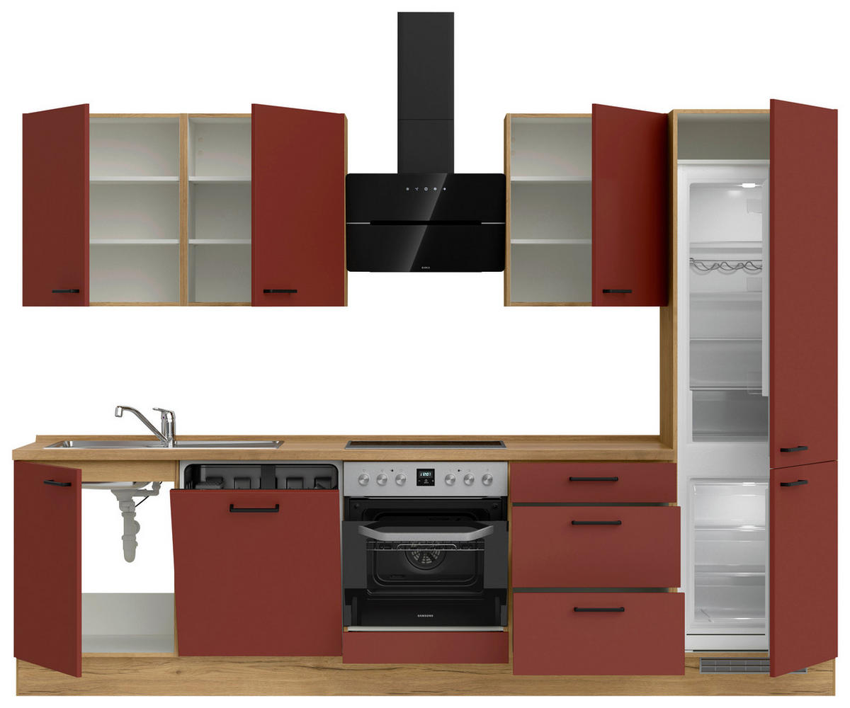 KÜCHENLEERBLOCK 300 cm   in Rot, Eichefarben  - Eichefarben/Rot, MODERN, Holzwerkstoff/Metall (300cm) - Nobilia