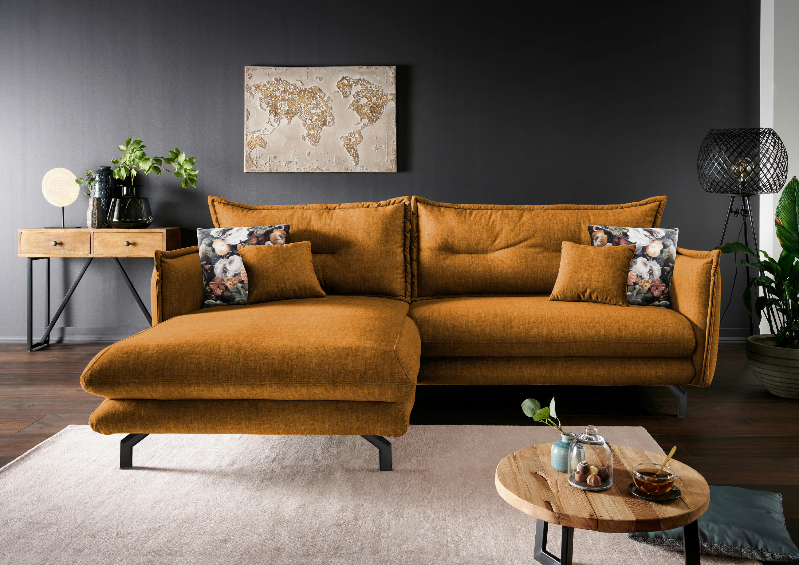 ECKSOFA in Velours Gelb  - Gelb/Multicolor, Modern, Textil/Metall (180/255cm) - Livetastic