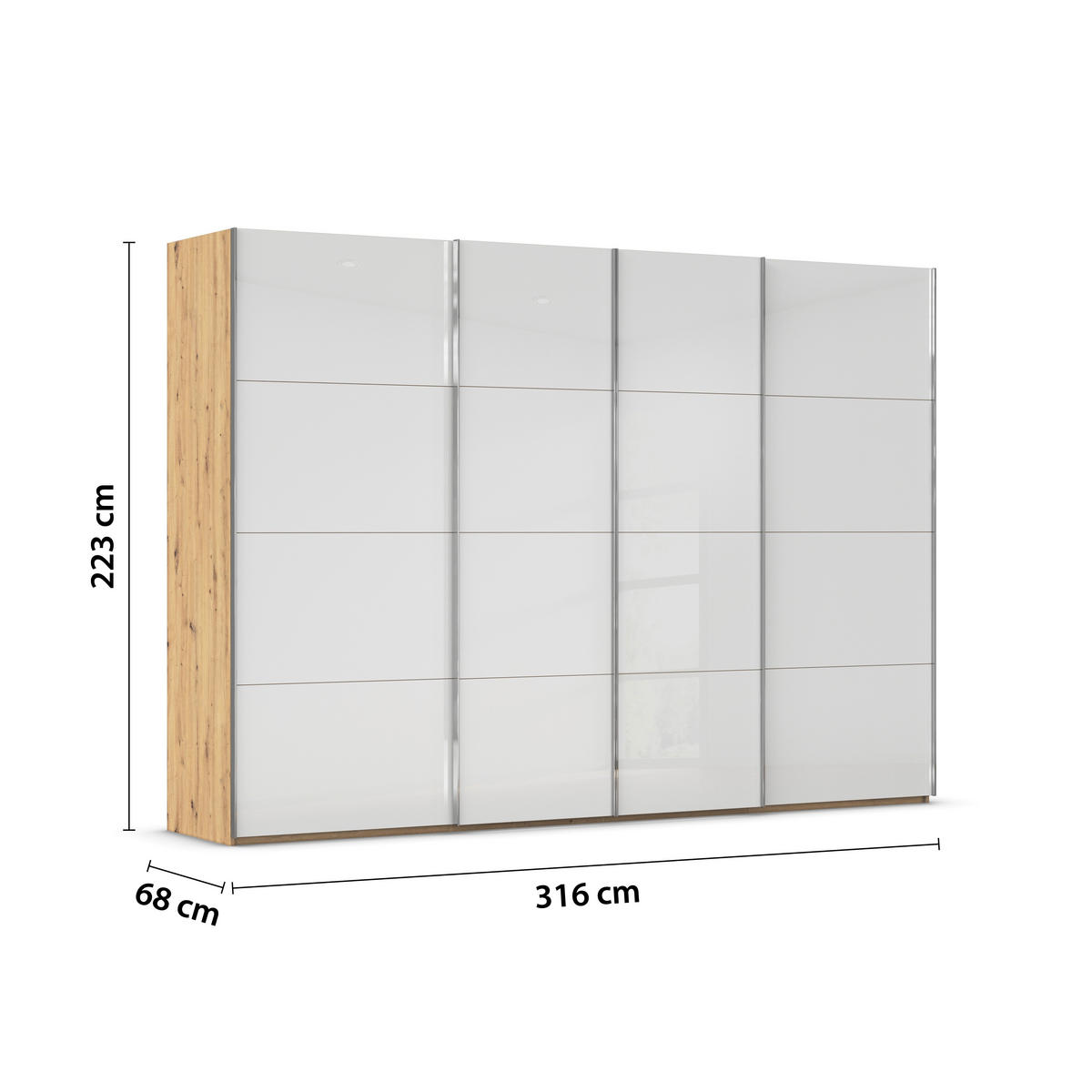 SCHWEBETÜRENSCHRANK 316/223/68 cm 4-türig Weiß, Eiche Artisan  - Chromfarben/Weiß, Design, Glas/Holzwerkstoff (316/223/68cm) - Novel