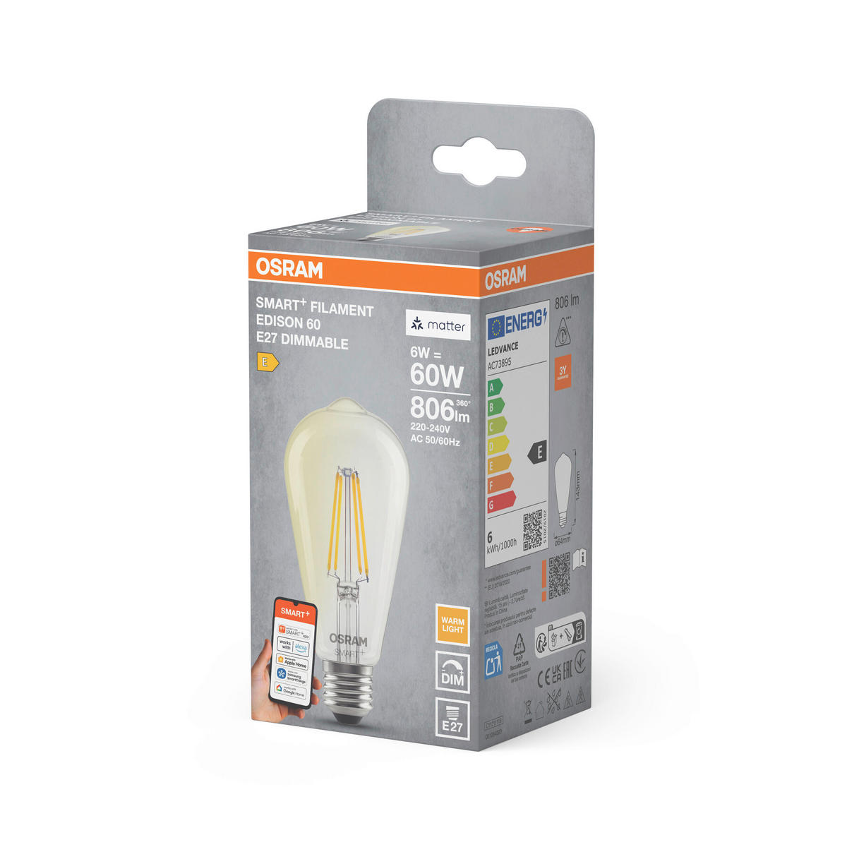 LED-FILAMENT-LEUCHTMITTEL E27 6 W 806 lm  - Transparent, Basics, Glas (6,4/14,3cm) - Osram